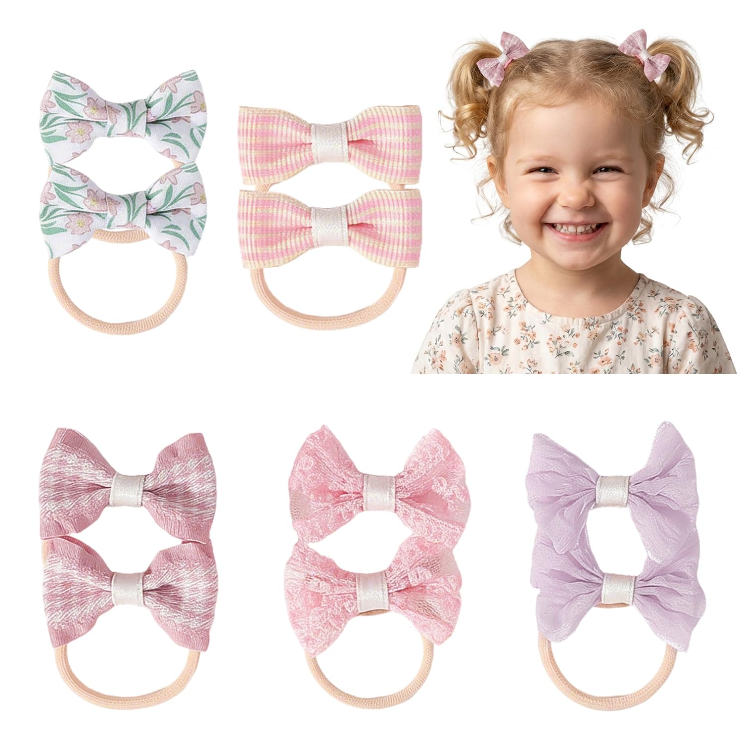 10 Pcs Baby Hair Bands, Bow Toddler Hair Bobbles Soft Baby Hair Ties Elastic Girls Ponytail Holders for Girl Kids Toddlers Infants (Pink&White)