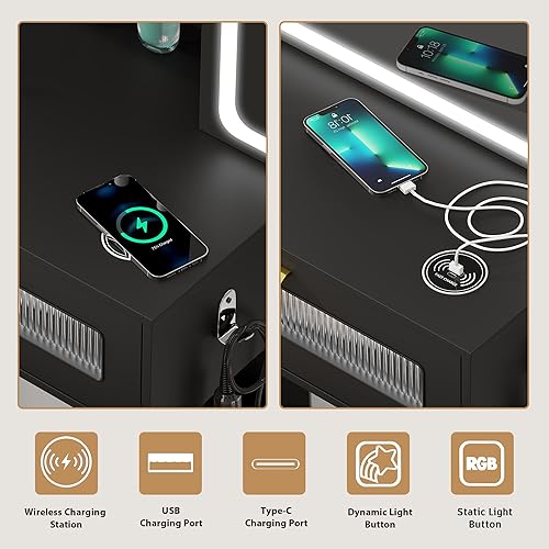 Miniatura 5 de Escritorio de tocador LED RGB con espejo y luces, escritorio de maquillaje con estación de carga 3 en 1, juego de tocador con taburetes y espejo