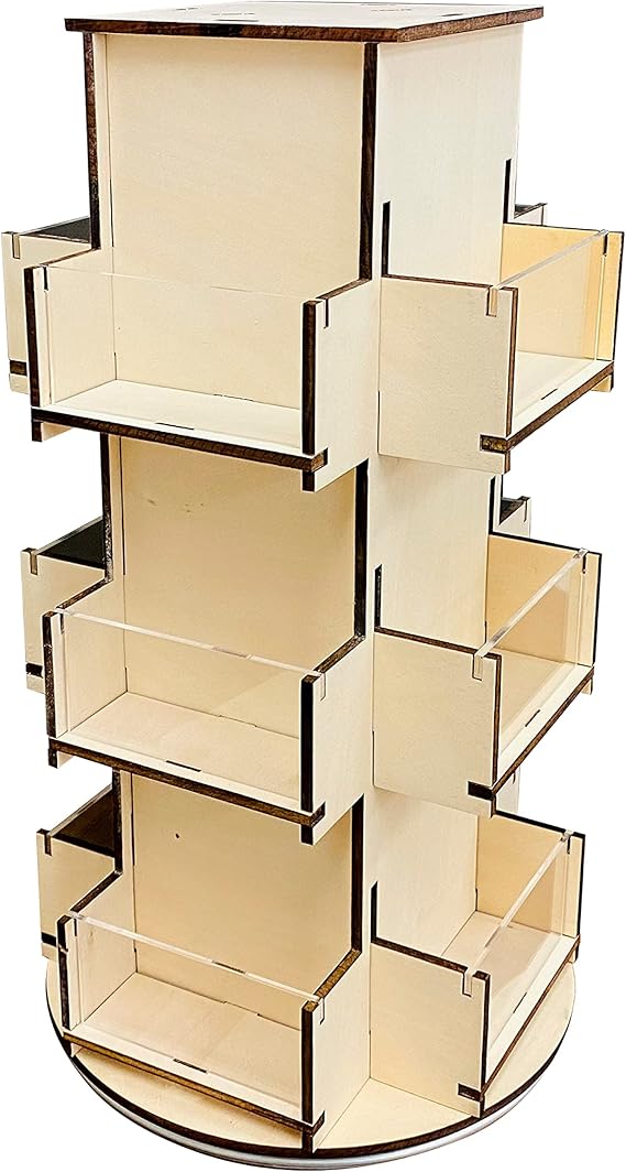 Rotating Display Stand, 3 Tier Wooden Organizer, 4Sided Display Rack, 360 degree