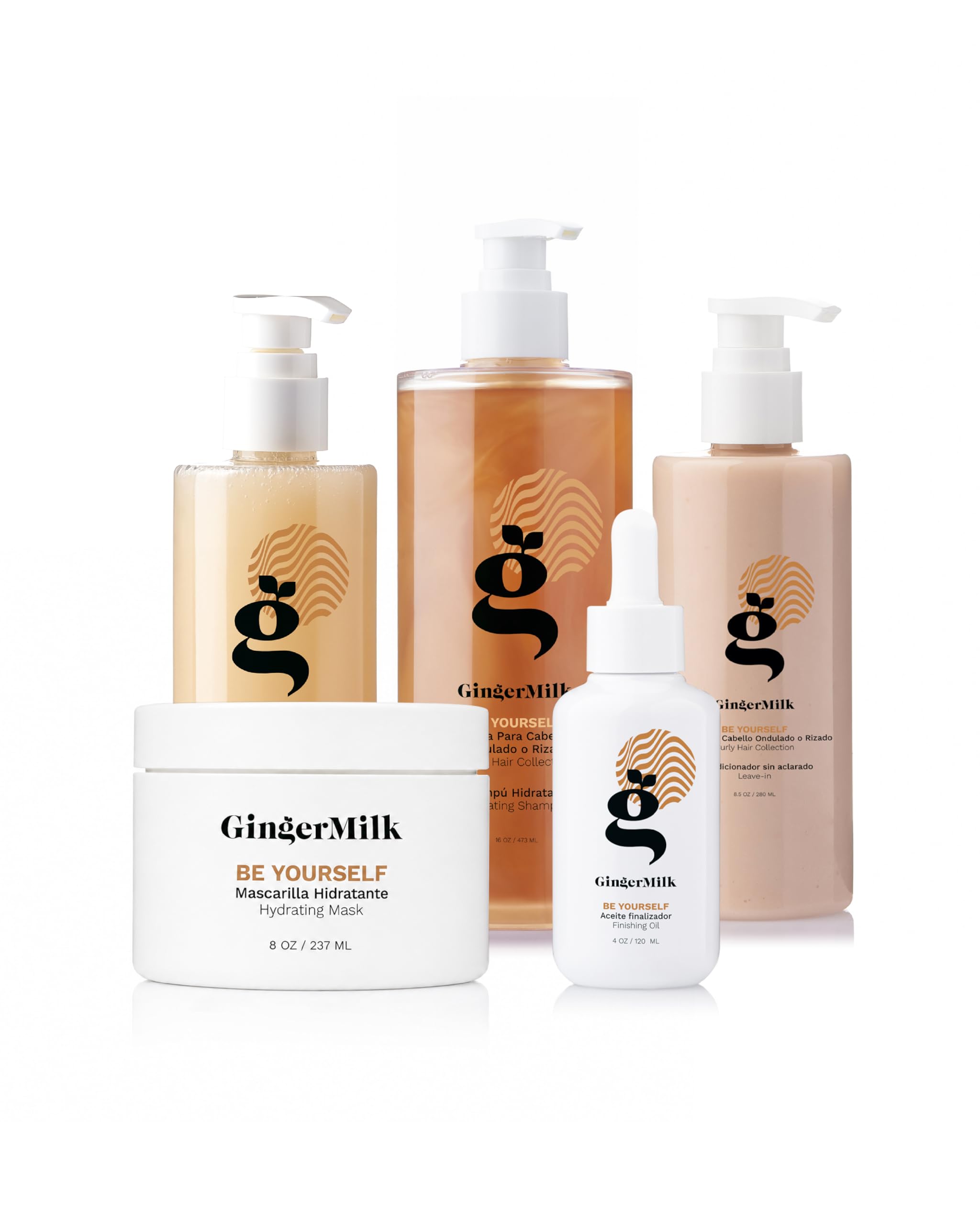 Ginger Milk Rutina Capilar para Rizos Be Yourself, Kit Curly con Shampoo, Mascarilla, Leave-In, Gel Definidor y Aceite para Pelo Rizado y Ondulado
