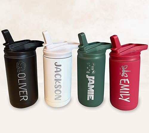 Miniatura 9 de Botella de agua personalizada para niños y niñas, vaso personalizado de acero inoxidable de doble pared de 12 onzas con tapa de popote