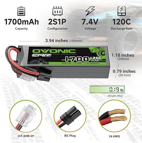 Miniatura 2 de OVONIC Batería Lipo 2S 7.4V 1700mAh con enchufe IEC 2 baterías en 1 paquete