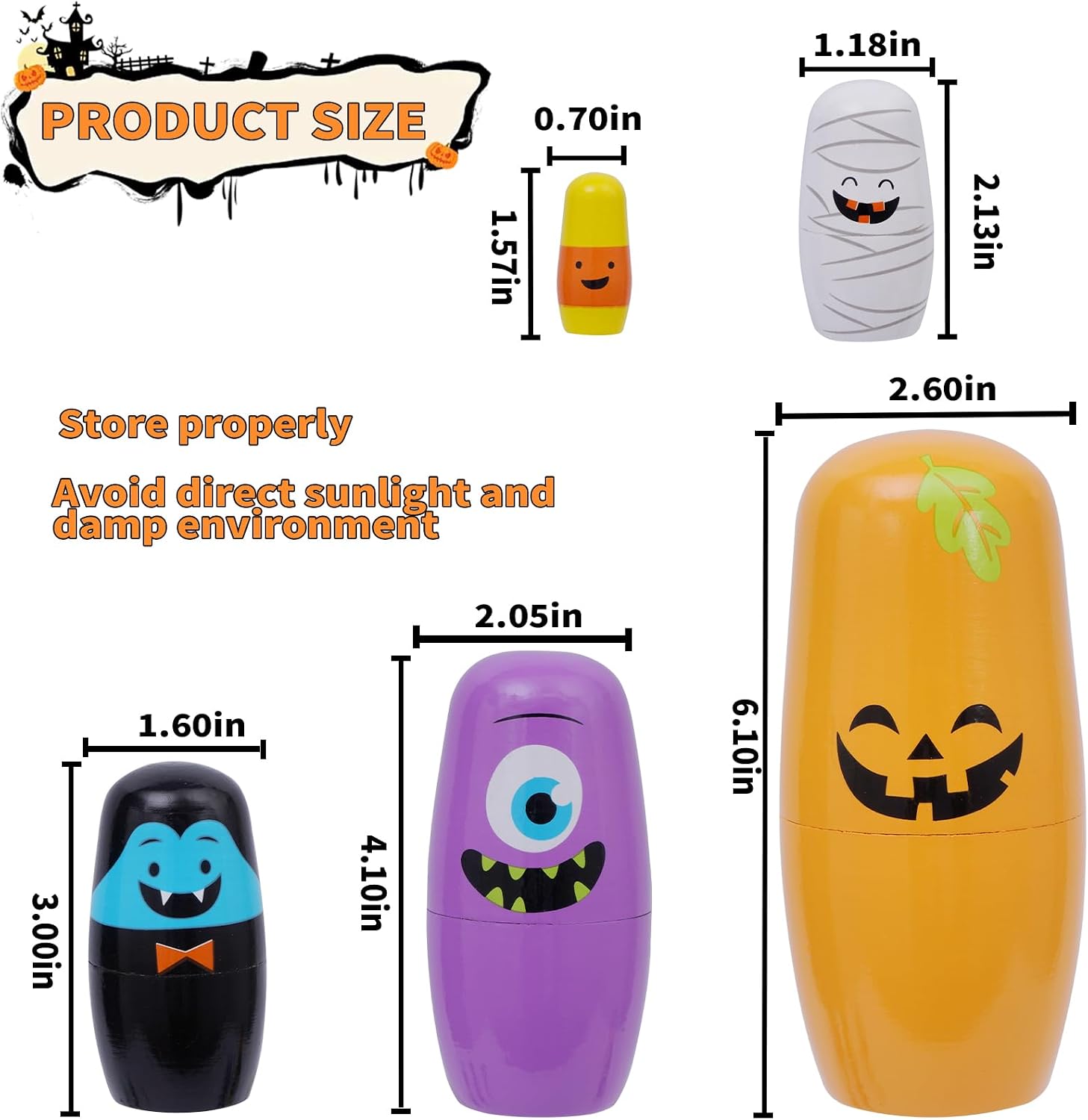 Halloween Nesting Dolls, 5Pcs 6"" Tall Russian Nesting Dolls, Handmade Matryoshka for Kids, Wooden Stacking Toys for Halloween Home Party Decorations (Pumpkin) image 3