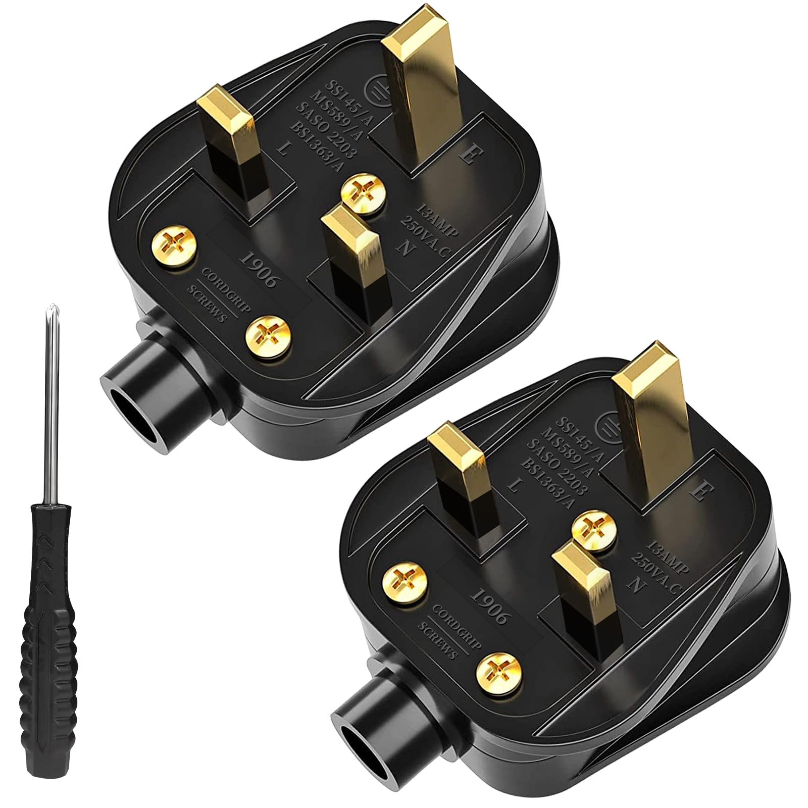 UK Plugs with 13 AMP Fused, 3 pin Mains Plug with Cord Grip Rewireable Heavy Duty Electrical Plug, Rubber Composite Plug