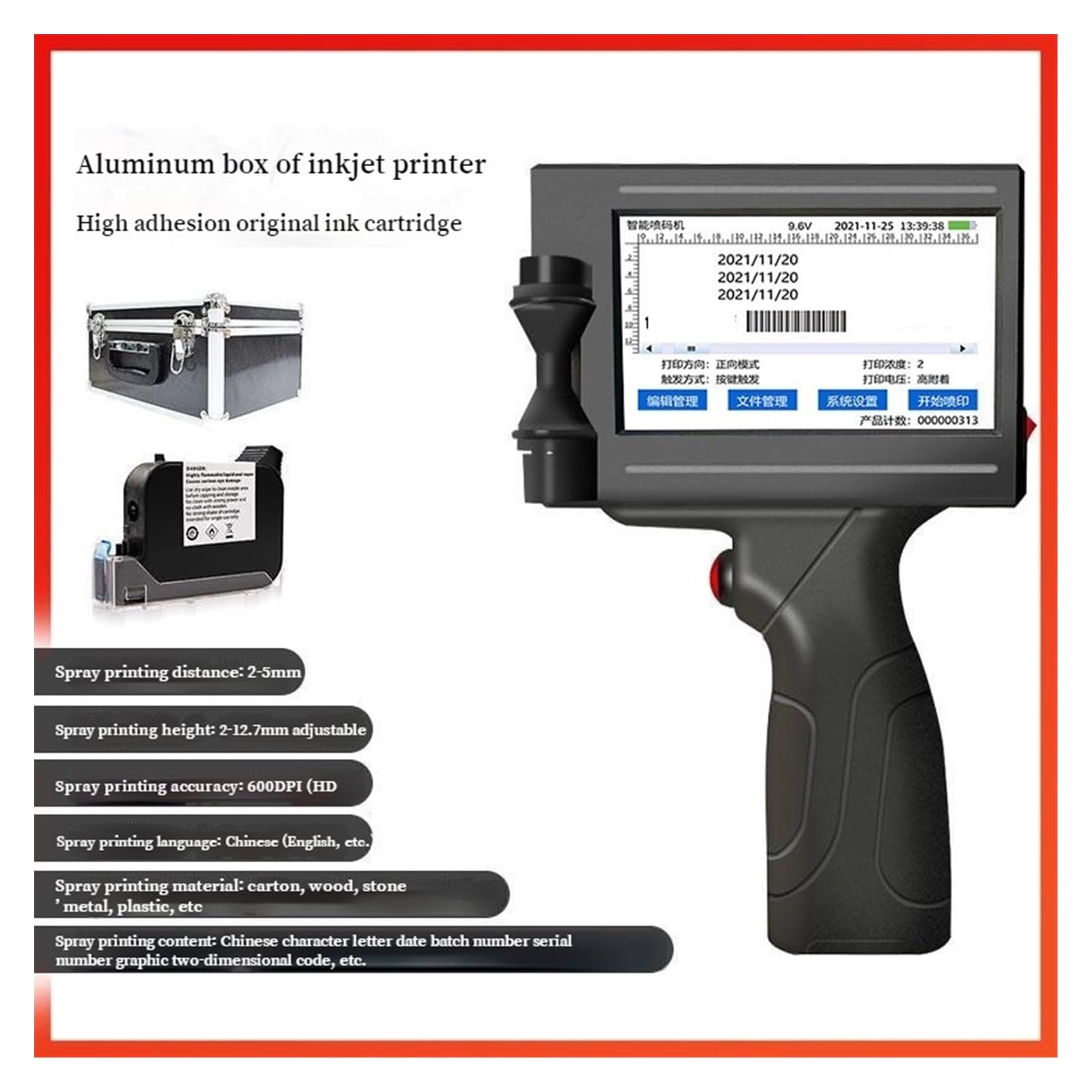 Ręczna drukarka atramentowa, Inteligentna ręczna drukarka atramentowa Mała automatyczna etykieta Opakowanie Torba Kod QR kreskowy Przenośna(1pcs)