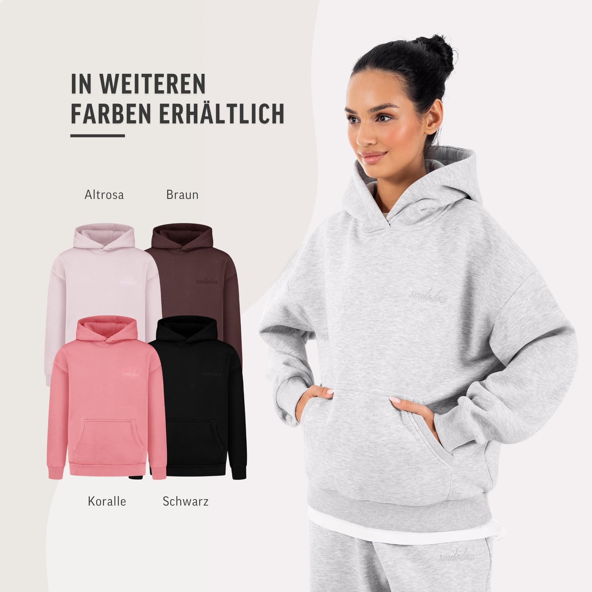 SMILODOX Hoodie Damen Thalea, Oversize Pullover, Kapuzenpullover, Sweatshirt Relaxed Fit mit Kängurutasche und Kapuze ohne Kordel, Modernes Design und Logo-Stitching, Casual Fit, Gym & Freizeit