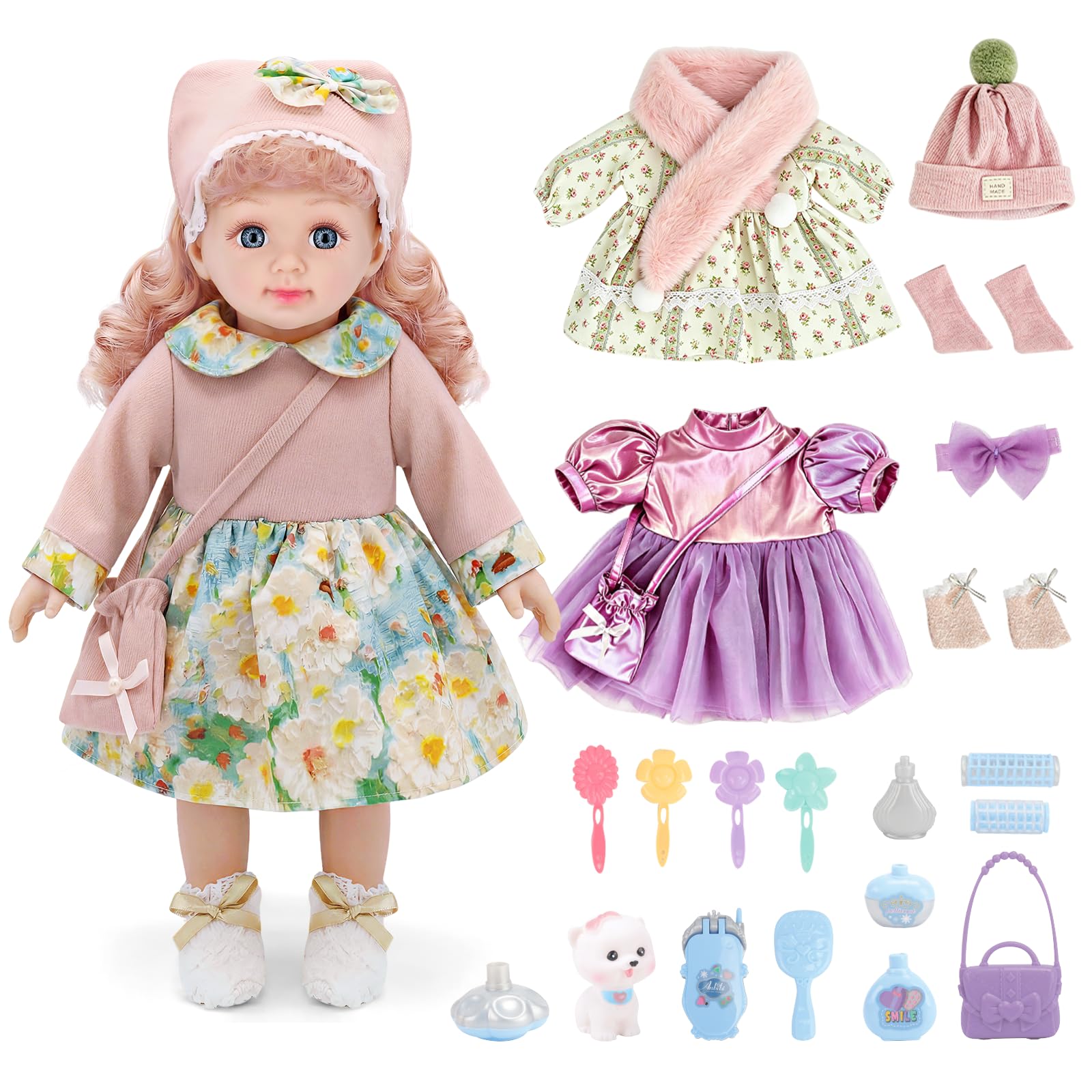 deAO Baby Doll Playset, 14 Inch Doll with 3 Outfits Hair Salon Accessories