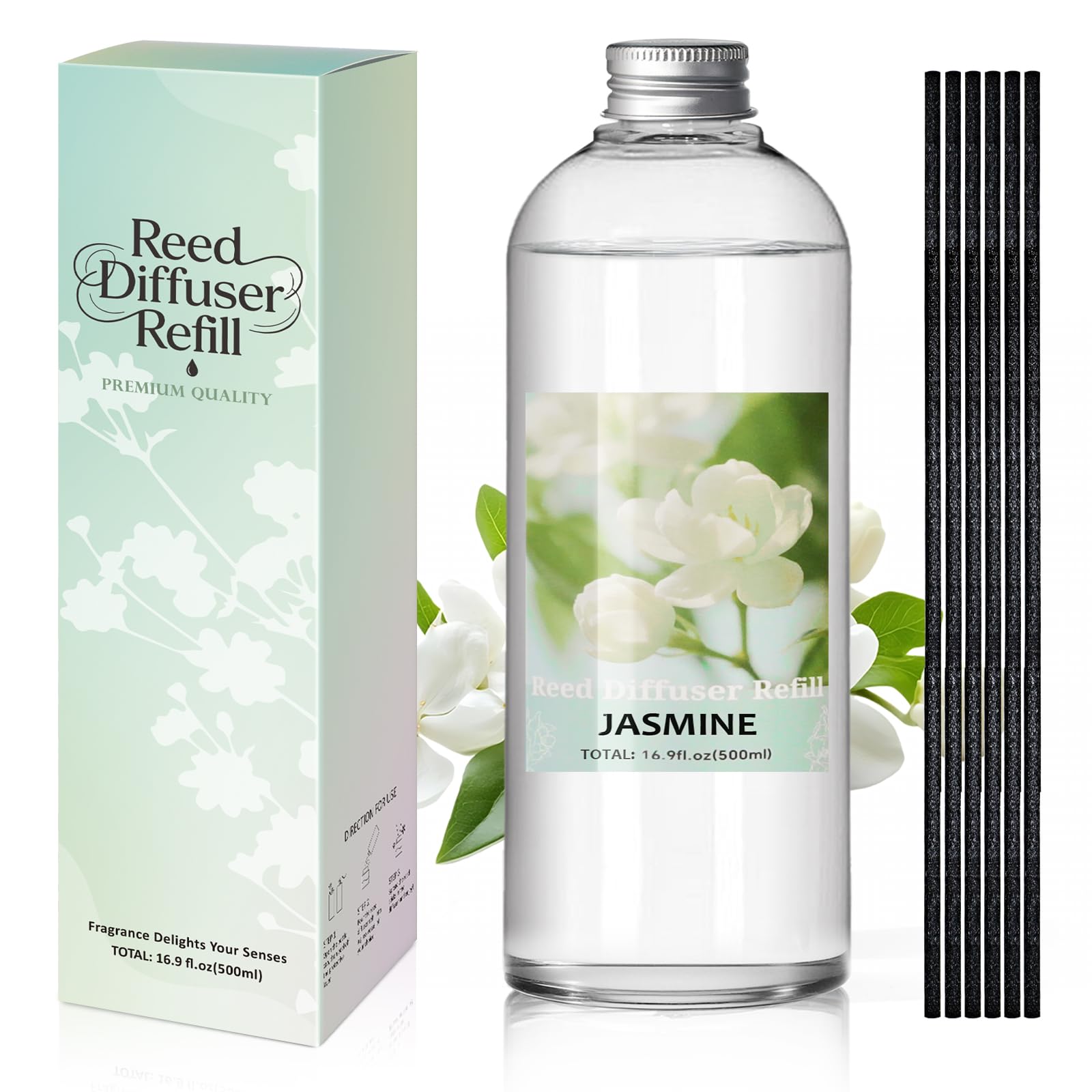 SCENTORINI Reed Diffuser Refill 500ml, Jasmine Diffuser Oil Refill with 6 Reeds, Extra Large Home Fragrance Refill for Reed Diffusers, Long Lasting Room Scent