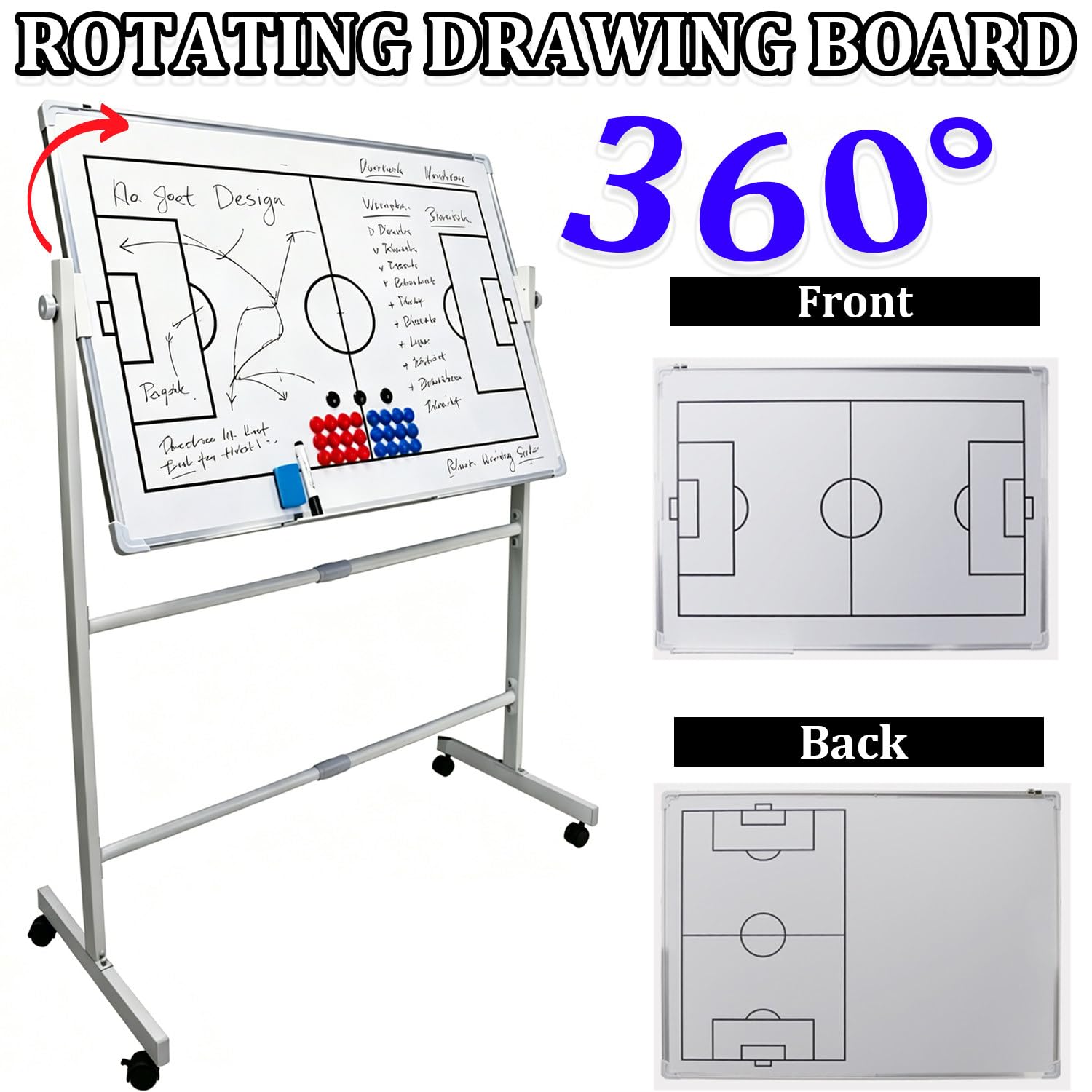 Pizarra blanca de doble cara para entrenadores, pizarra blanca con ruedas y bandeja de almacenamiento móvil, ruedas giratorias de 360° con bloqueo, para entrenamiento táctico a largo plazo. Football