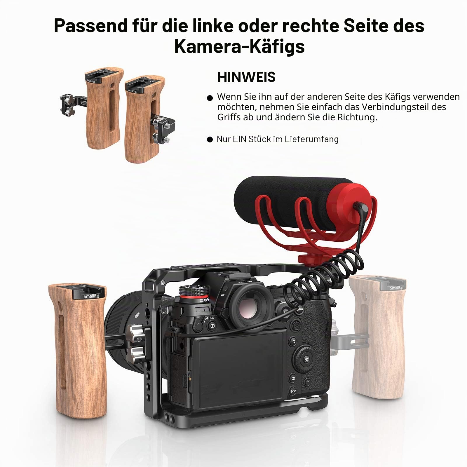 SMALLRIG Universal Wooden Handle mit Threaded Holes und Cold Shoe Holder Verstellbarer Griff für Kamera Cage - 2093C