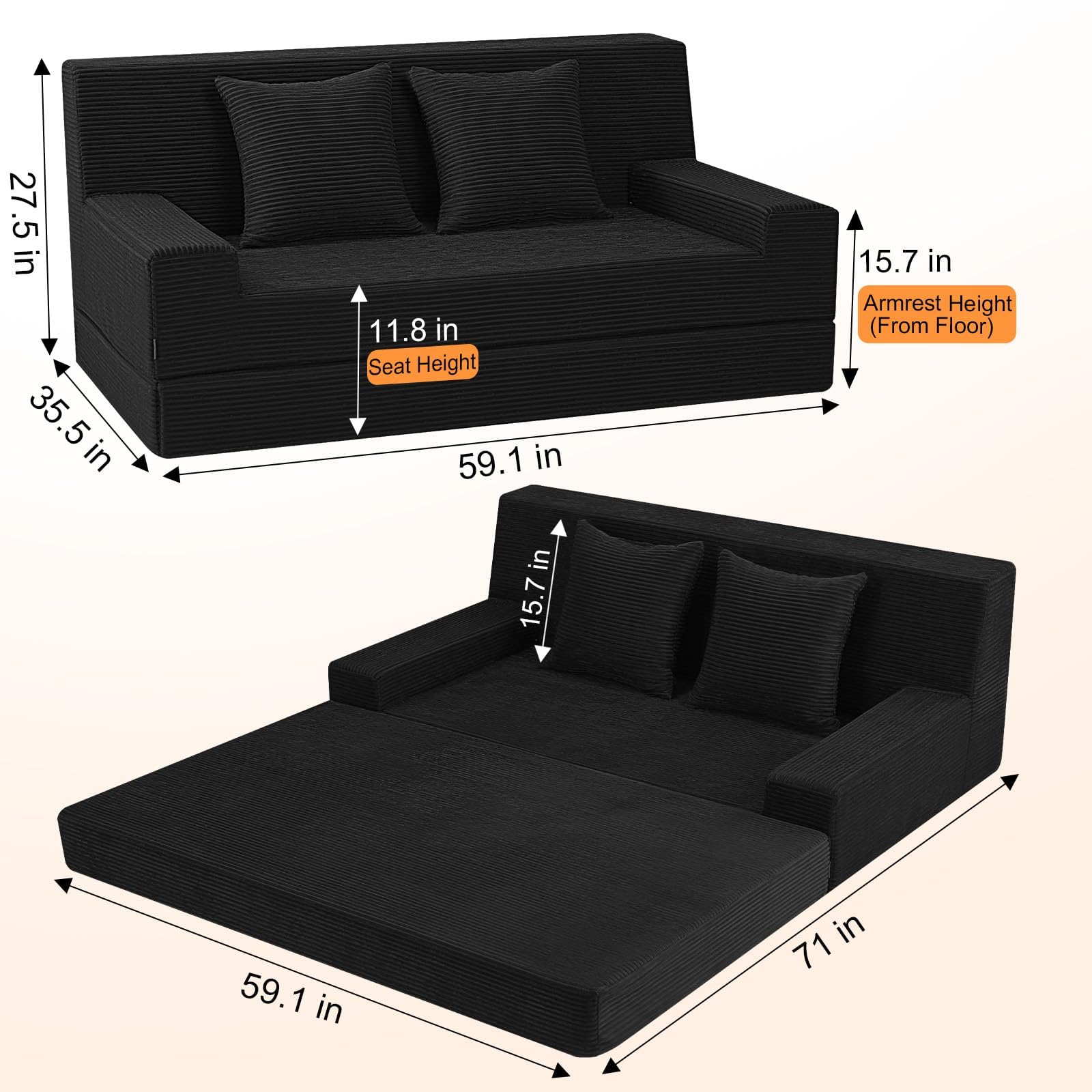 MeMoreCool 59" Boneless Couch Bed, Loveseat Futon Sofa, Small Space, Black | 59 in loveseat, opens to a 59 x 71 in bed - 9 in shorter than a queen; corduroy cover, 700 lb