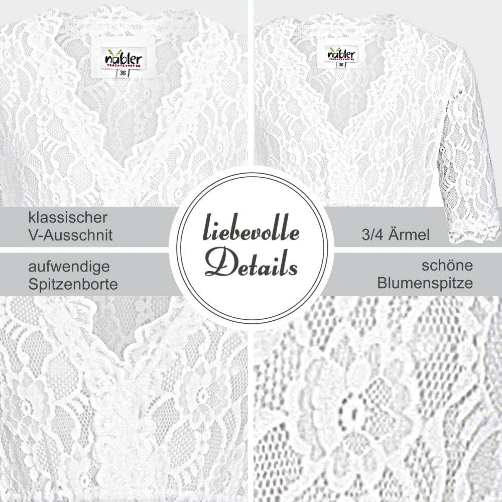 Nübler Dirndlbluse Damen Laura - Kurzarm Trachtenbluse mit Spitze & V-Ausschnitt - Weiß, Elegante Tracht im Landhaus Stil - Hochwertige Qualität, formbeständig & angenehm