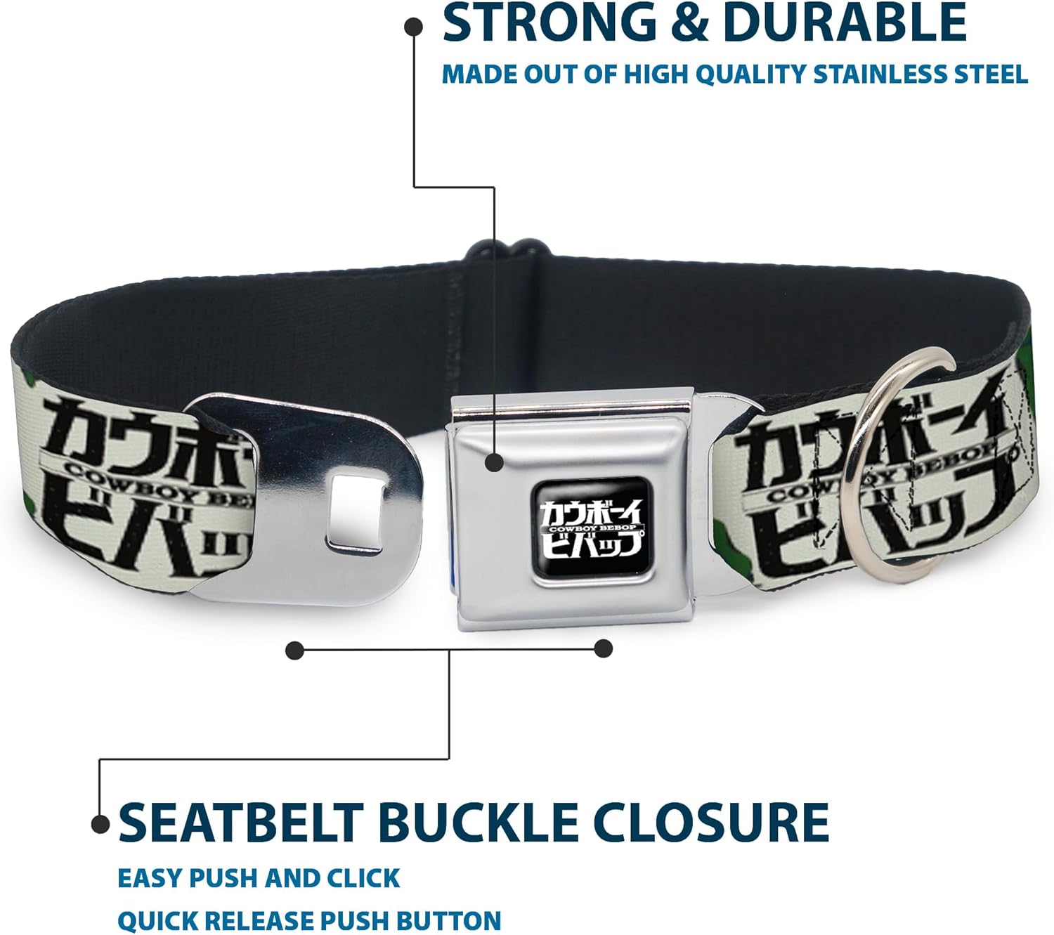 Crunchyroll Pet Collar, Dog Collar Metal Seatbelt Buckle, Cowboy Bebop Crew Group Pose and Logo White Black Greens, 11 to 16.5 Inches 1.0 Inch Wide