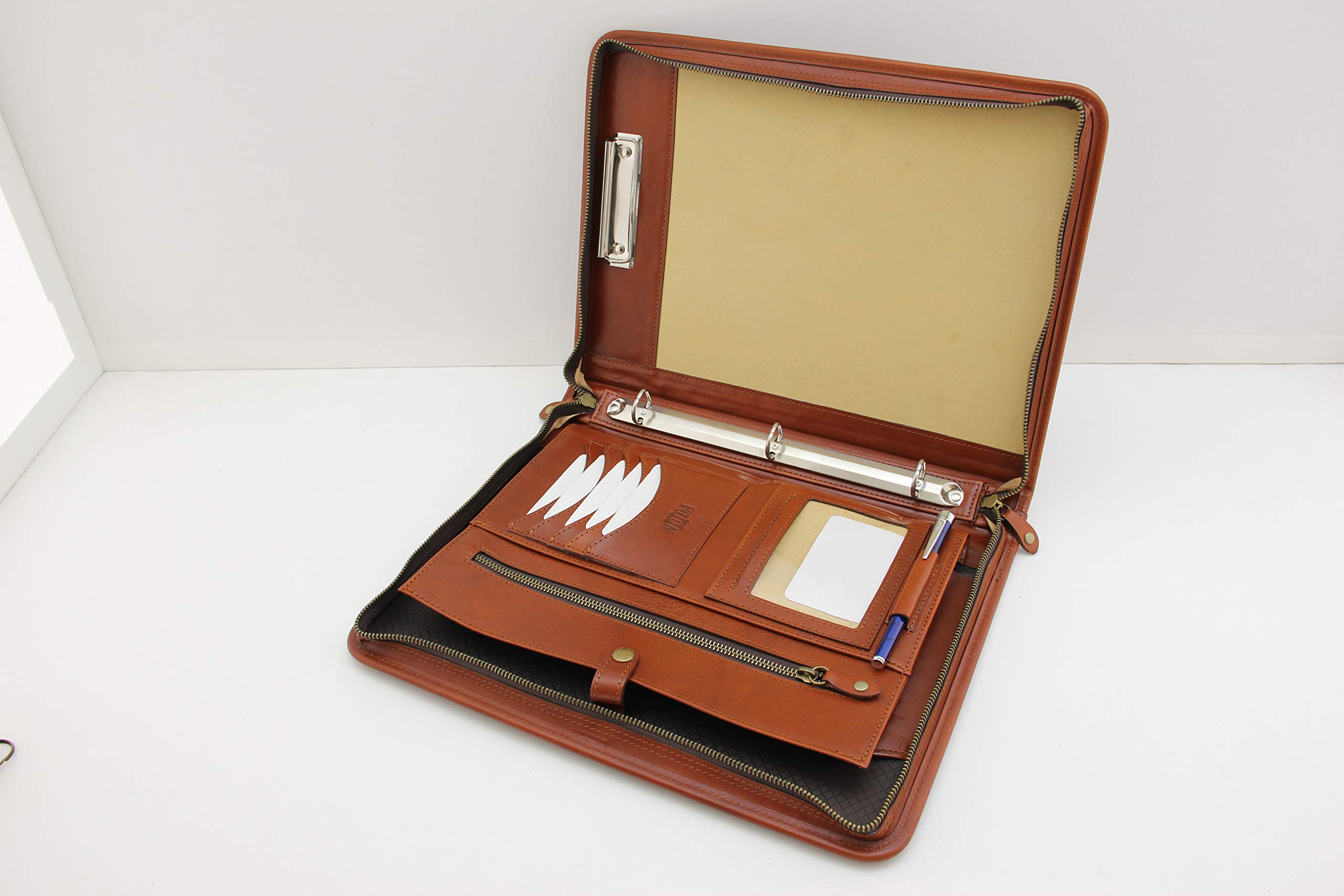 Noda Executive Leather Padfolio 3 raccoglitore ad anelli Professional Business portfolio W/chiusura con cerniera cognac