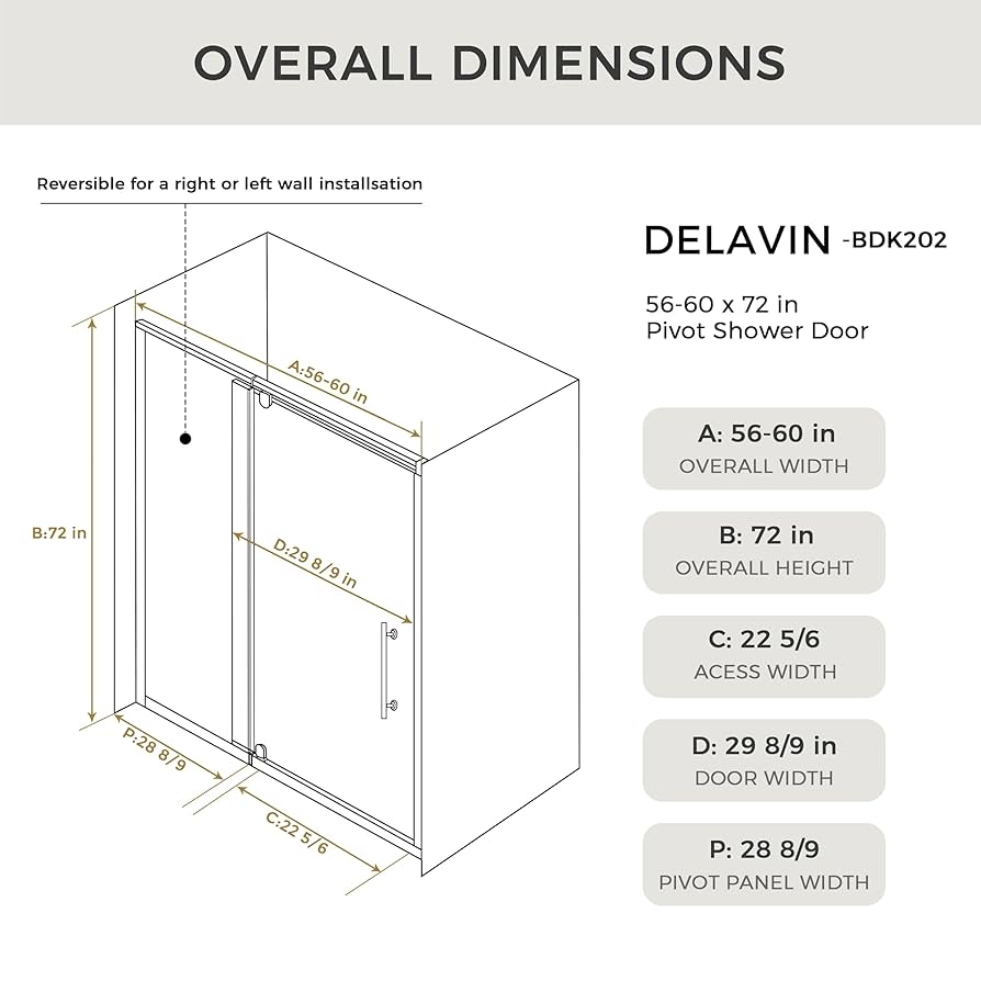 DELAVIN 56-60.in W x 72.in Semi-Frameless Pivot Shower Door
