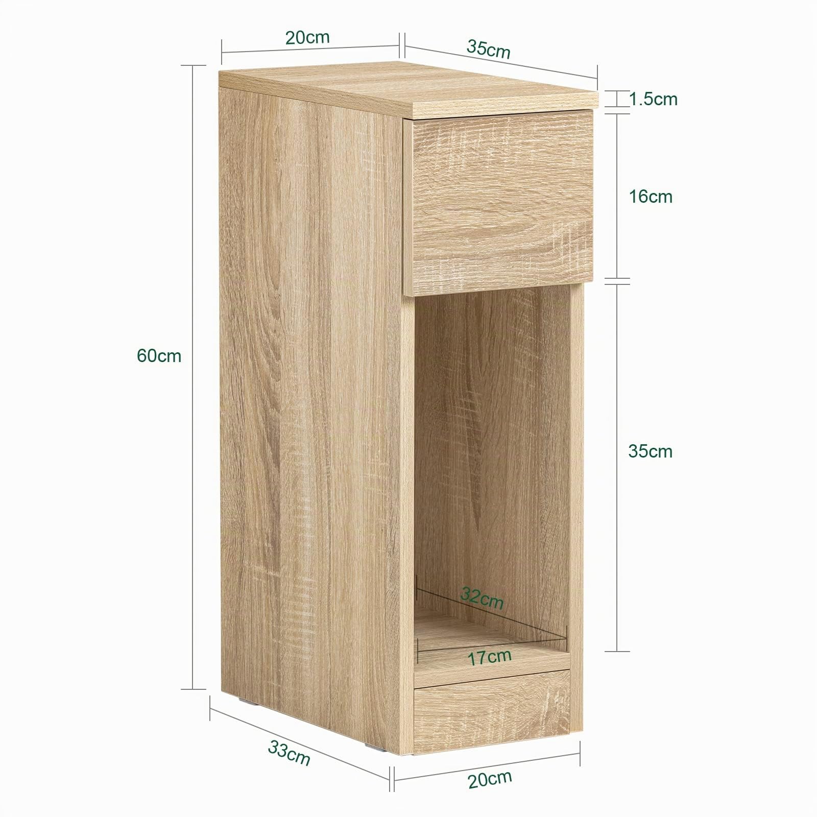 SoBuy Set da 2 comodini stretti 20 cm con cassetto, 20x35x60 cm | Comodini salvaspazio con ripiano, tavolini da letto per piccoli spazi, camera e soggiorno, Naturale, FBT111-Nx2