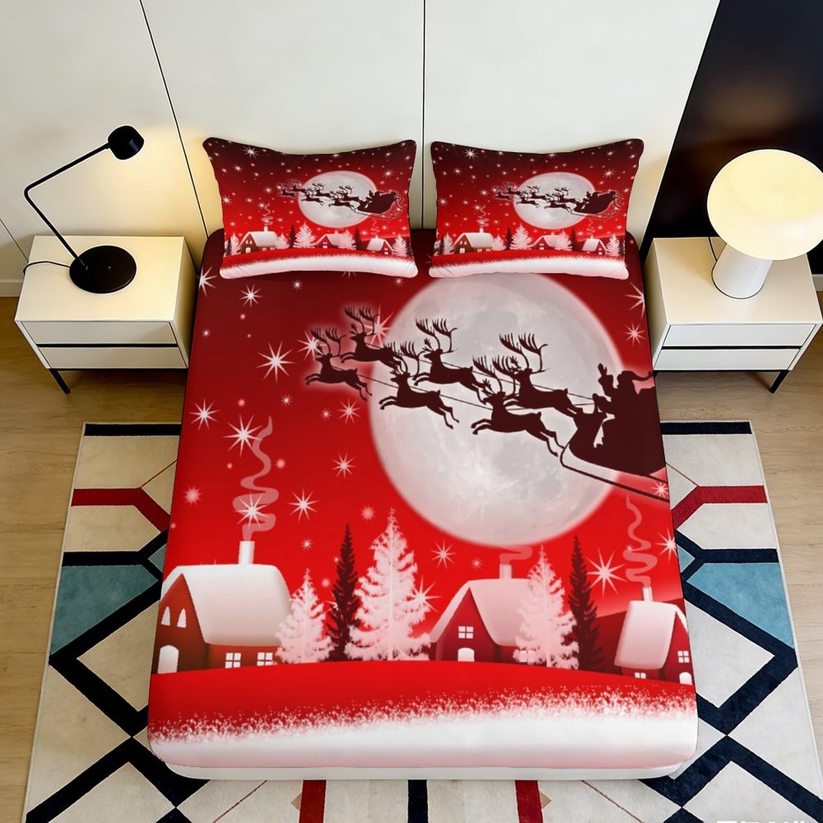 3D Printed Santa Sleigh Fitted Sheet Microfiber Christmas Moon Mattress Cover for Bedroom Dorm Room Winter Decor 90x200x25cm