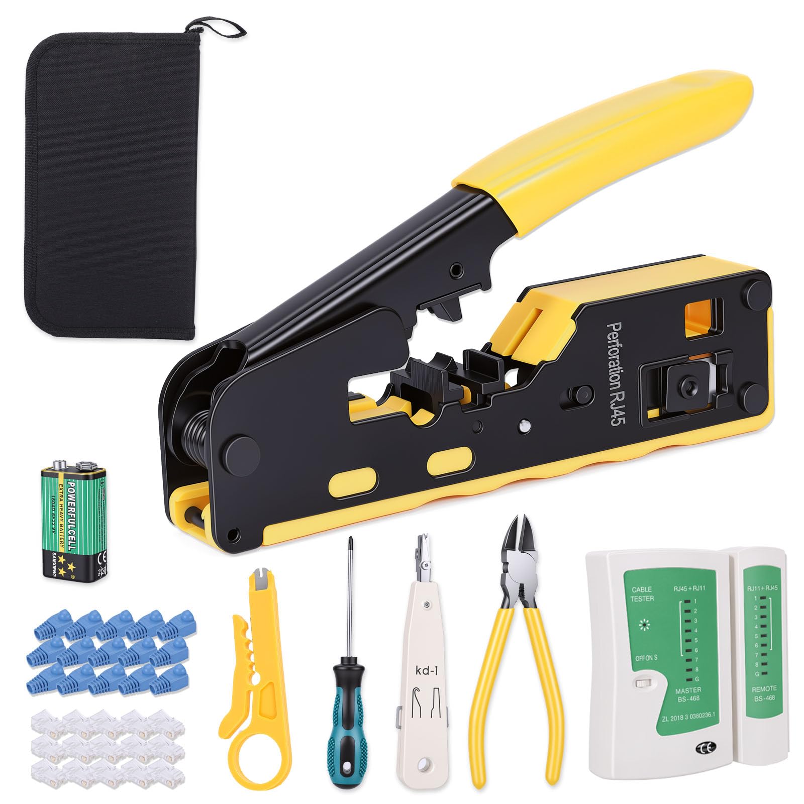 Kit Crimpadora RJ45 Profesional, Herramienta de Crimpado con Comprobador de Cable Pelacables y Conectores Pasantes Cat5 Cat6 Cat7, Alicates de Red para Instalación Reparación