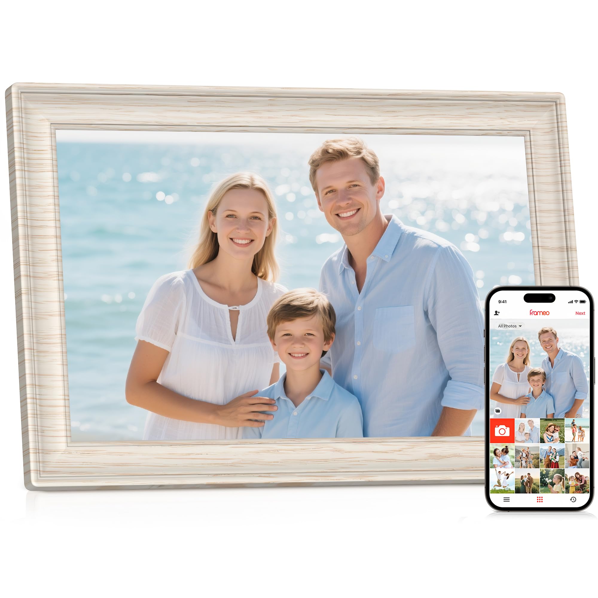 Photo 1 of Frameo 10.1" WiFi Digital Picture Frame with 32GB Memory, 1280 x 800 IPS HD Touch Screen Electronic Photo Frame, Auto-Rotate, Slideshow, Share Photos/Video Remotely Anywhere White Wood Grain