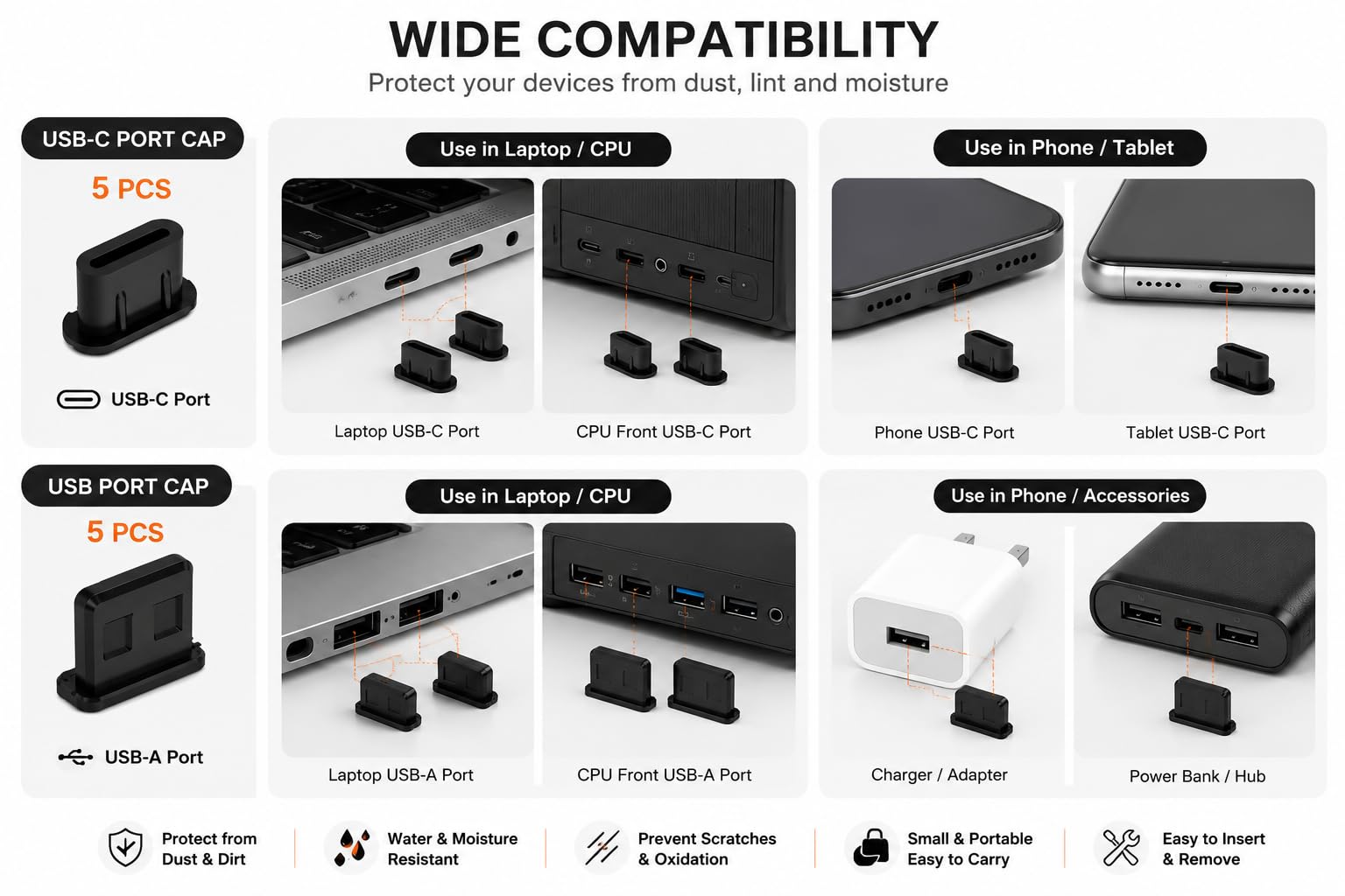 Vishw Enterprise USB Dust Protection Caps Set 15 Pack, USB-C & USB-A Port Covers, Black — Amazon image 3
