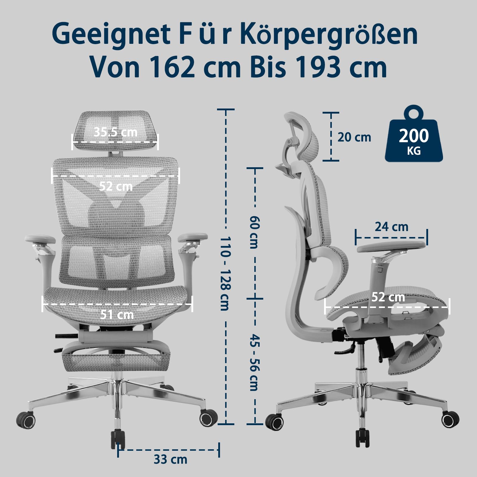 Ergonomischer Bürostuhl Große und Schwere mit Fußstütze, 5D Verstellbare Armlehnen, Lendenstütze, Netz-Rückenlehne, Verstellbare Sitztiefe, Drehbarer Gaming Stuhl Grau