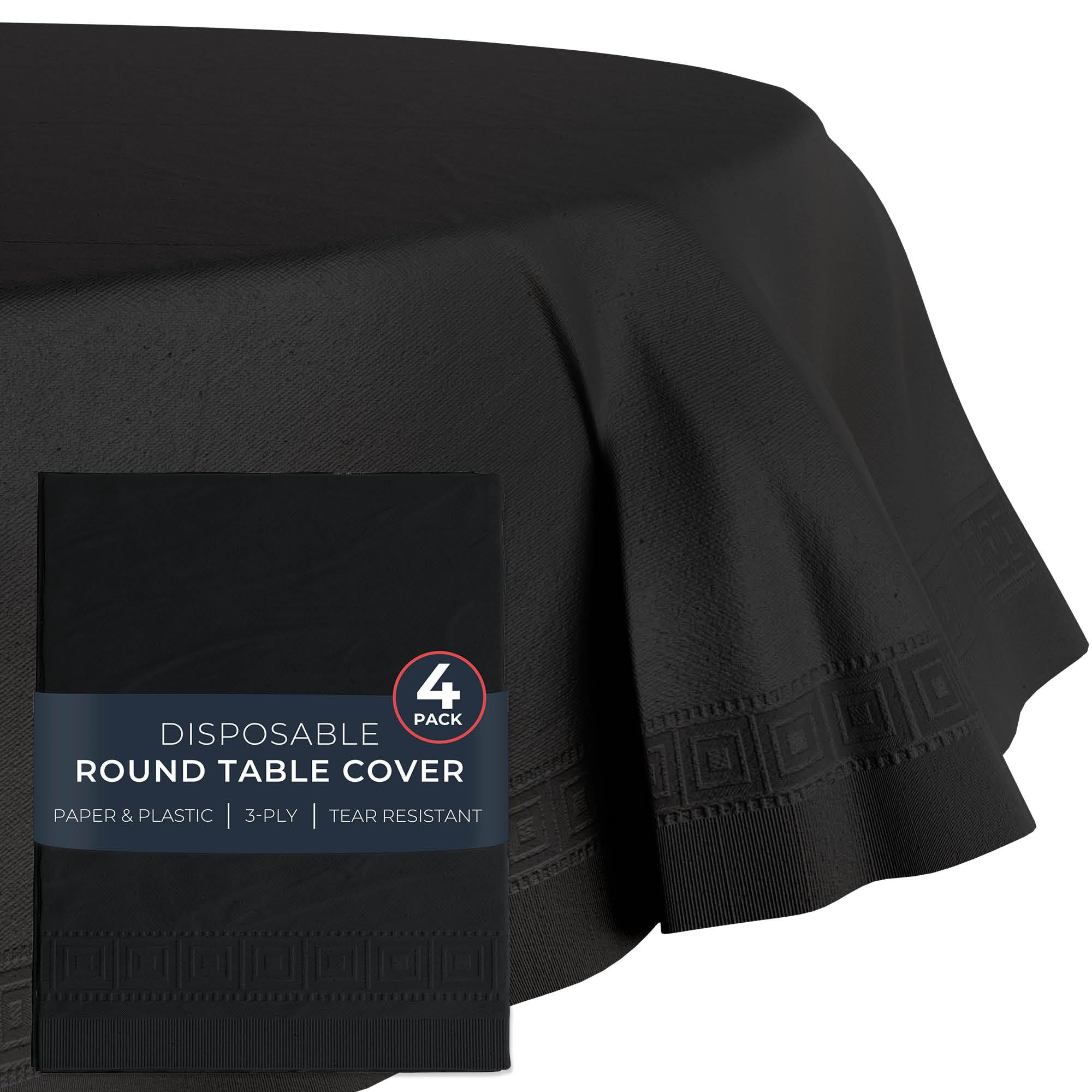HOUZZKINGZ USA Manteles de papel para mesas redondas | 82 pulgadas - Paquete de 4 | Mantel desechable de papel negro | Manteles de papel y plástico de alta calidad de 3 capas para fiestas desechables