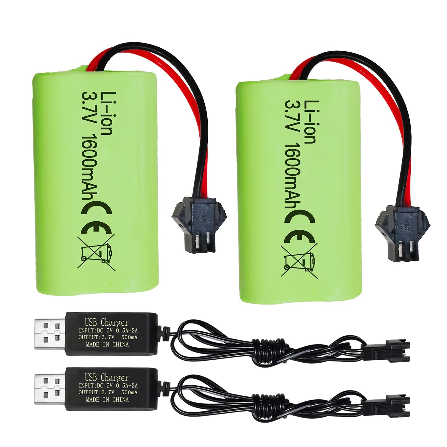 ZYGY 2PCS 3.7V 1600mah Li-ion Battery SM-2P Plug with USB Charging Cable Suitable for 9962 8837 RC Toy Car Battery RC Car Engineer Truck Battery
