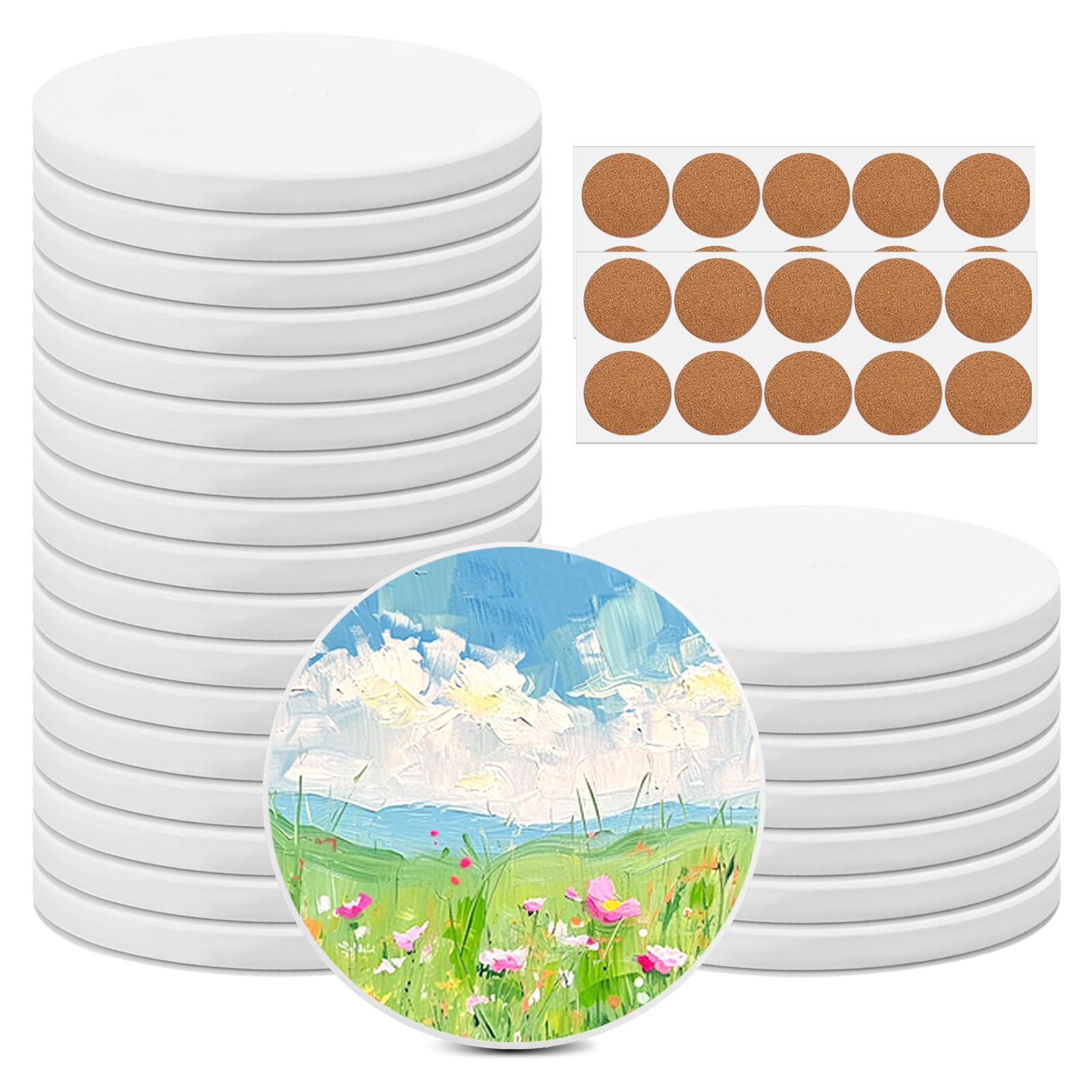 SHUESS Lot de 25 dessous de verre en céramique avec 25 coussinets en liège – Sous-verres vierges non émaillés blancs – Carreaux en céramique pour travaux manuels, projets artistiques, encres, art