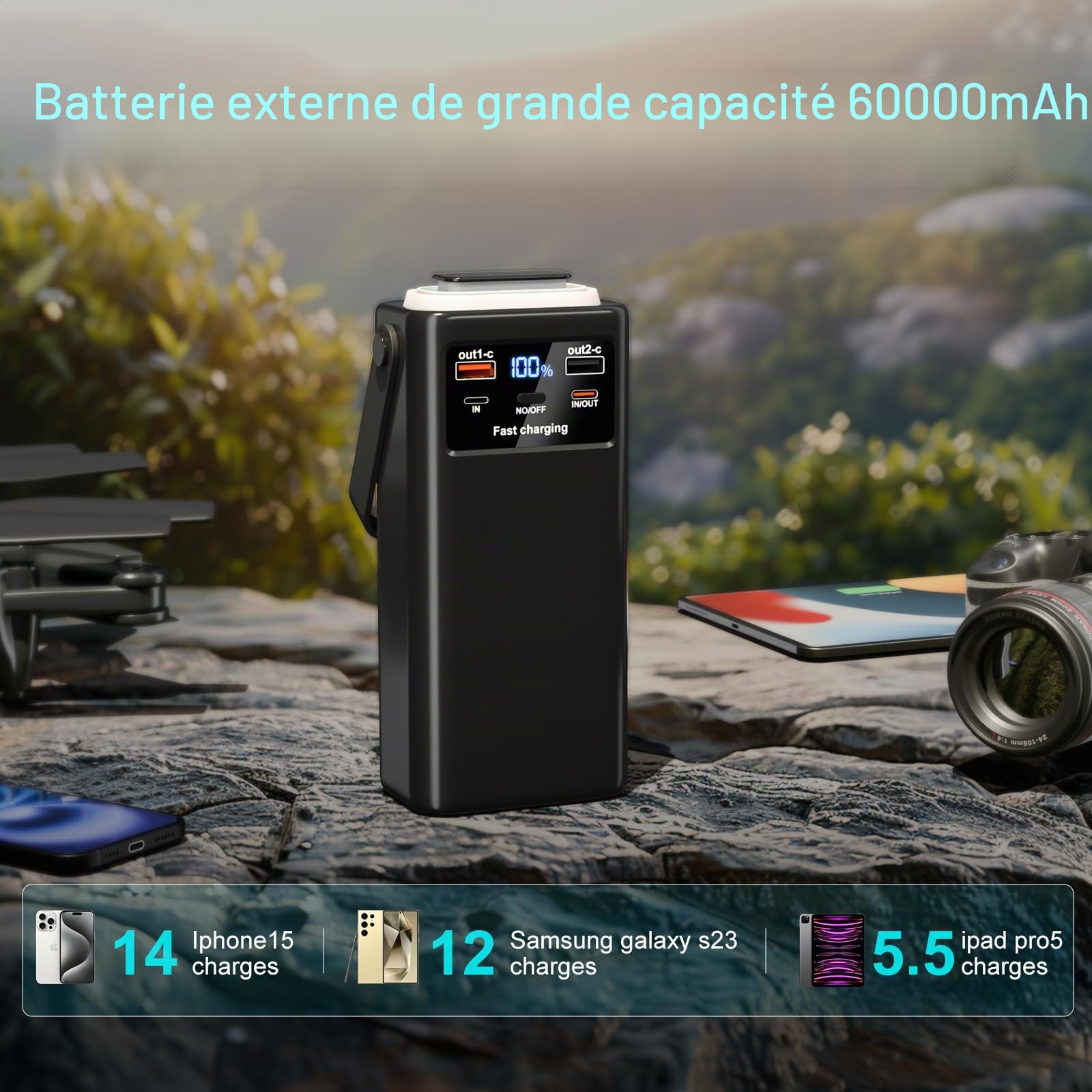 60000mAh Batterie Externe Power Bank PD45W Charge Rapide Chargeur Externe avec 4 Câble Intégré 7 Sorties,USB C Grosse Batterie Portable avec Lampe de Poche & Affichage LED pour Smartphones Camping