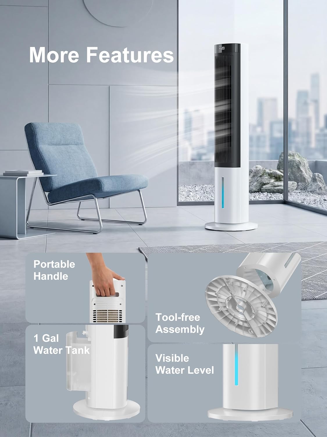 MEPTY Evaporative Air Cooler, 40" Windowless Portable Air Conditioners with 24H Timer, Cooling Fans that Blow Cold Air, 3 Speeds, 4 Modes, Remote,120°Oscillation, Swamp Cooler for Indoor Room Bedroom