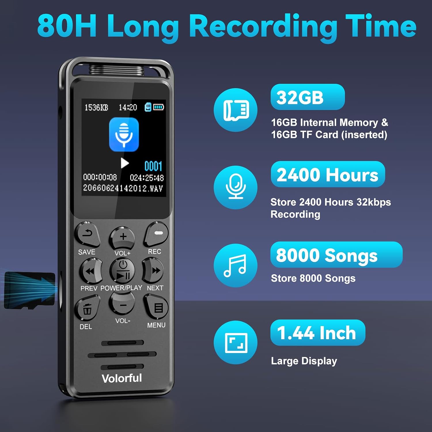Digital Voice Recorder with Playback, Volorful 80H HD Audio Recorder with Al Noise Reduction for Lectures Meetings Interviews, Recording Device with Microphone, Lock, Password, MP3 (32GB)