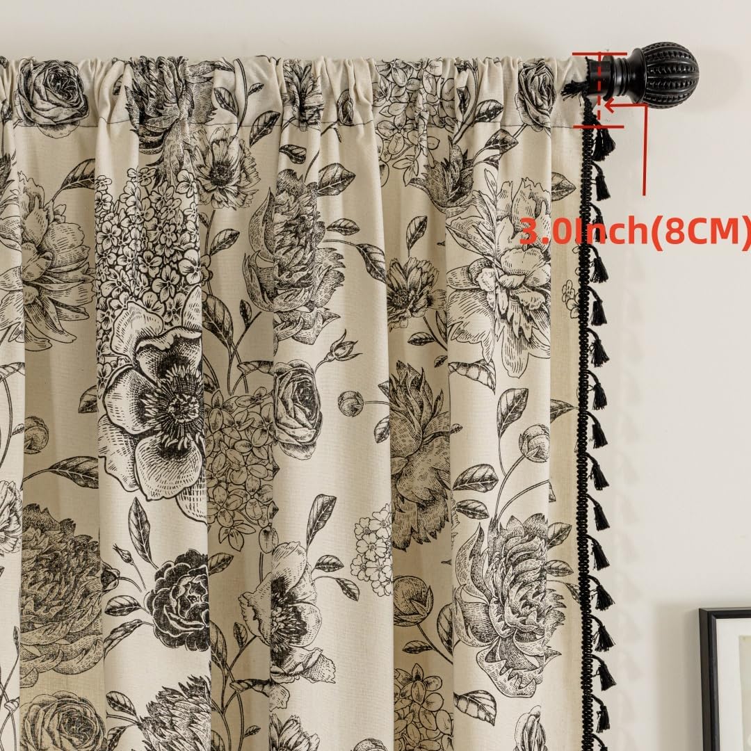 F-CHU Boho Curtains for Living Room 96 Inch Length French Country Floral Drapes Farmhouse Rustic Vintage Window Curtain Panels for Bedroom Chic Cotton Linen Closet Curtains，2 Panel