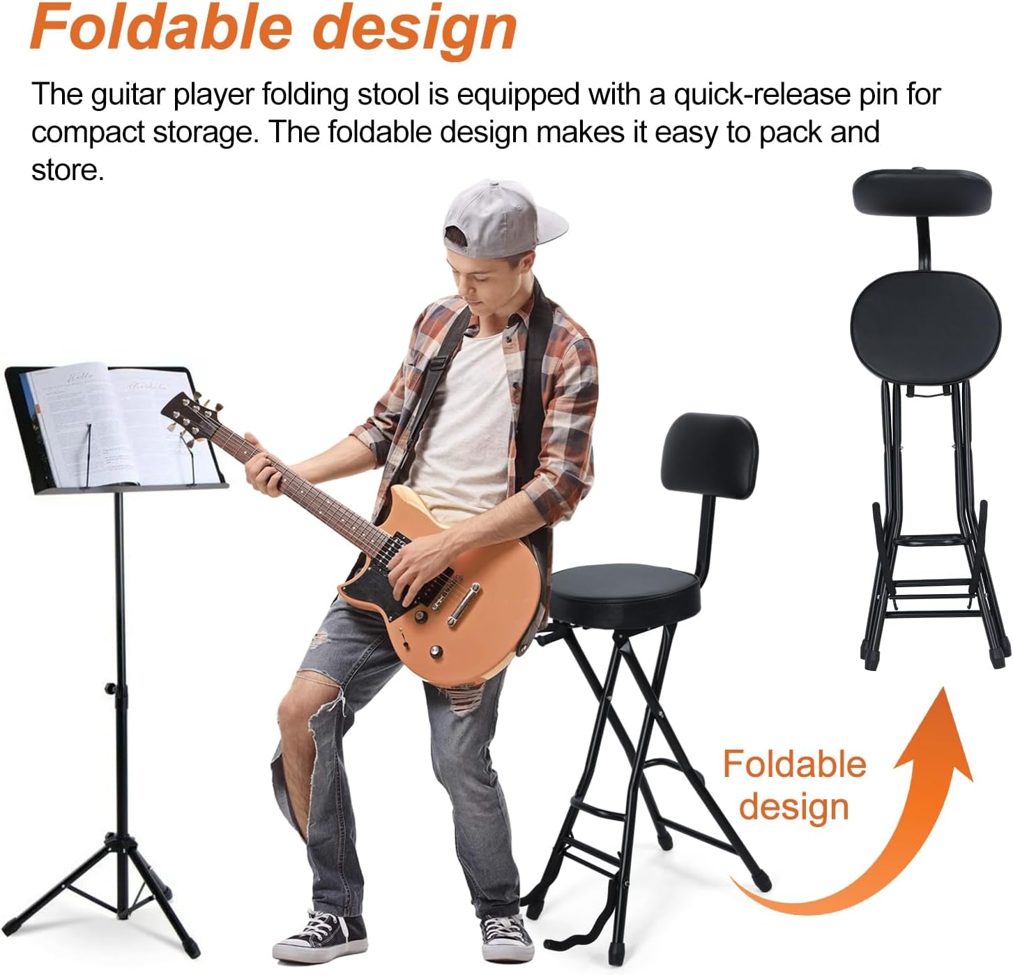 cdar Heavy-Duty Guitar Chair Stool Bench with Padded Backrest & Built-in Stand, Folding Musician Chair for Adults Portable Ergonomic Bass Stool with Non-Slip Feet Black
