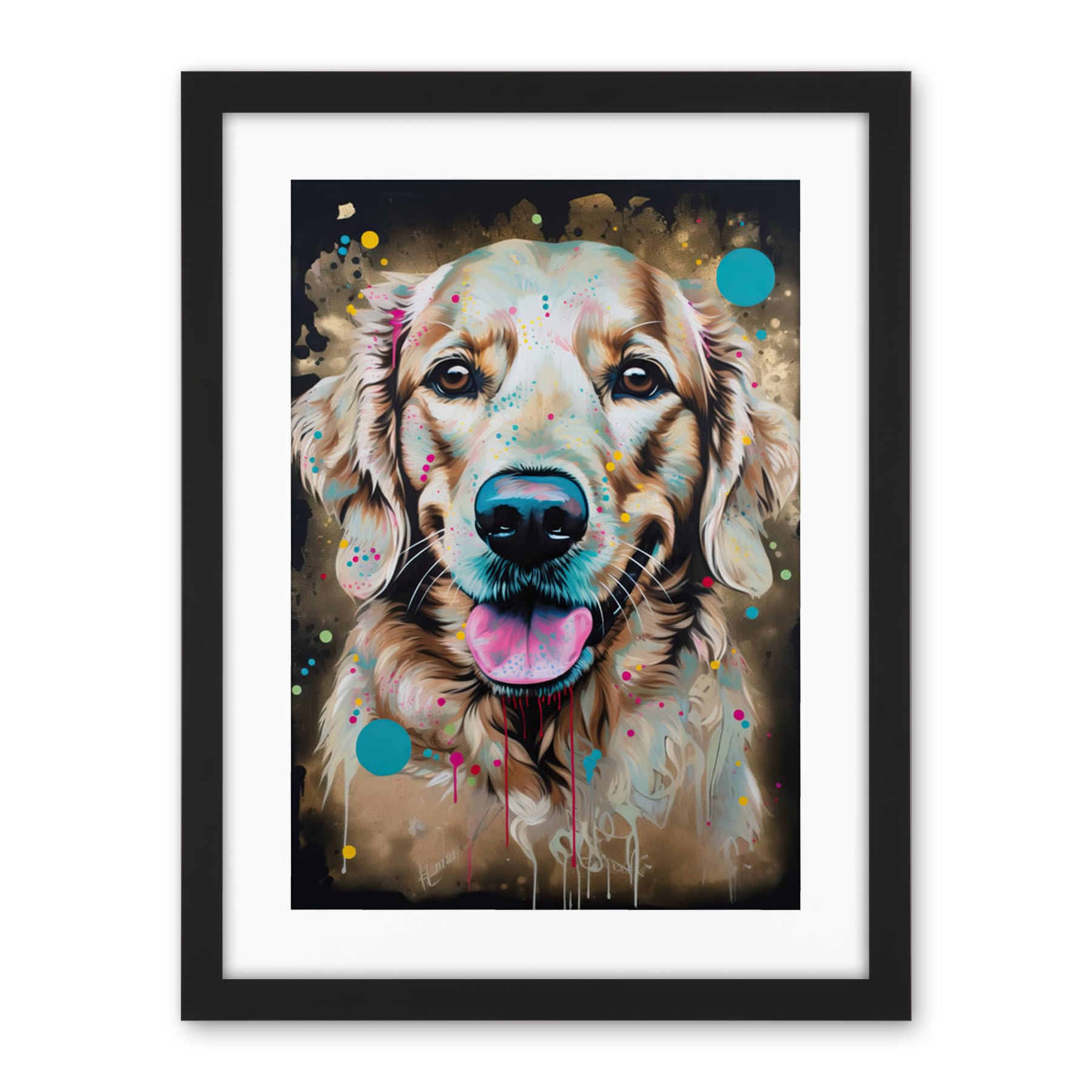 Artery8 Happy Smiling Golden Retriever Dog Portrait Artwork Framed Wall Art Print 18X24 Inch