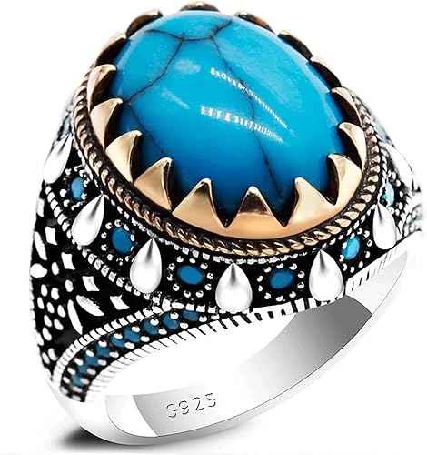 AROTOROM Retro Turquoise Ring for Men in 925 Sterling Silver Oval Sky Blue Stone Ring Life Track Significance Turkish Handmade Engraved Silver Ring