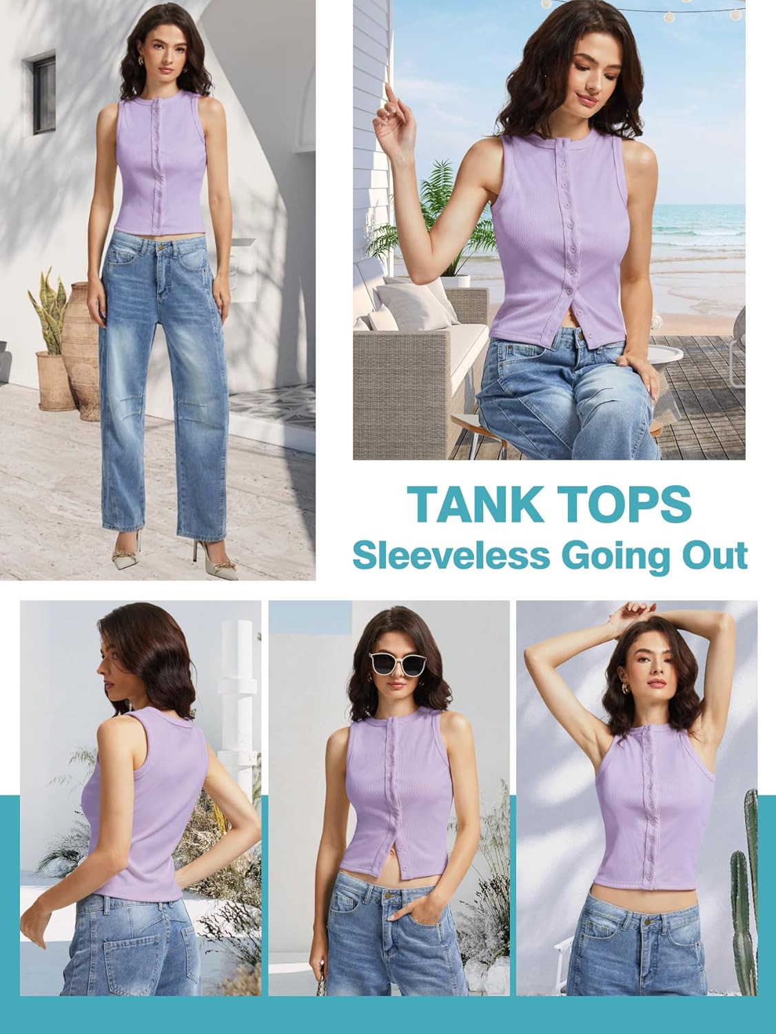 Women’s Button Down Tank Tops Sleeveless Ribbed Crop Summer Button Up Crewneck Vest Shirt Going Out Slim Fit Tops - Image 2