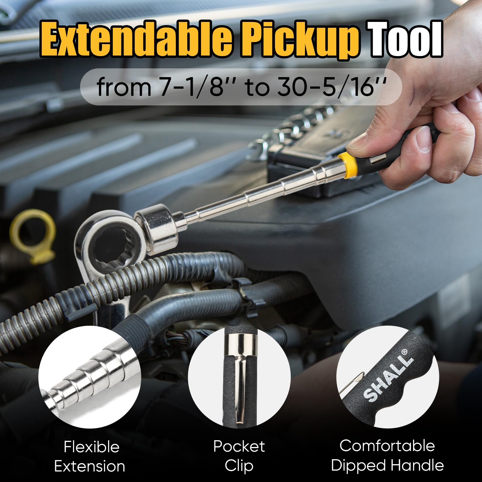 SHALL 3-Piece Magnetic Tool Parts Mat and Telescoping Magnetic Pickup Tool, Flexible Magnetic Tool Holder Pad W/ 83 Built-In-Magnets & 25LBS Pull Force Extendable Magnet for Mechanic Wrench Screw Bolt — Amazon image 6