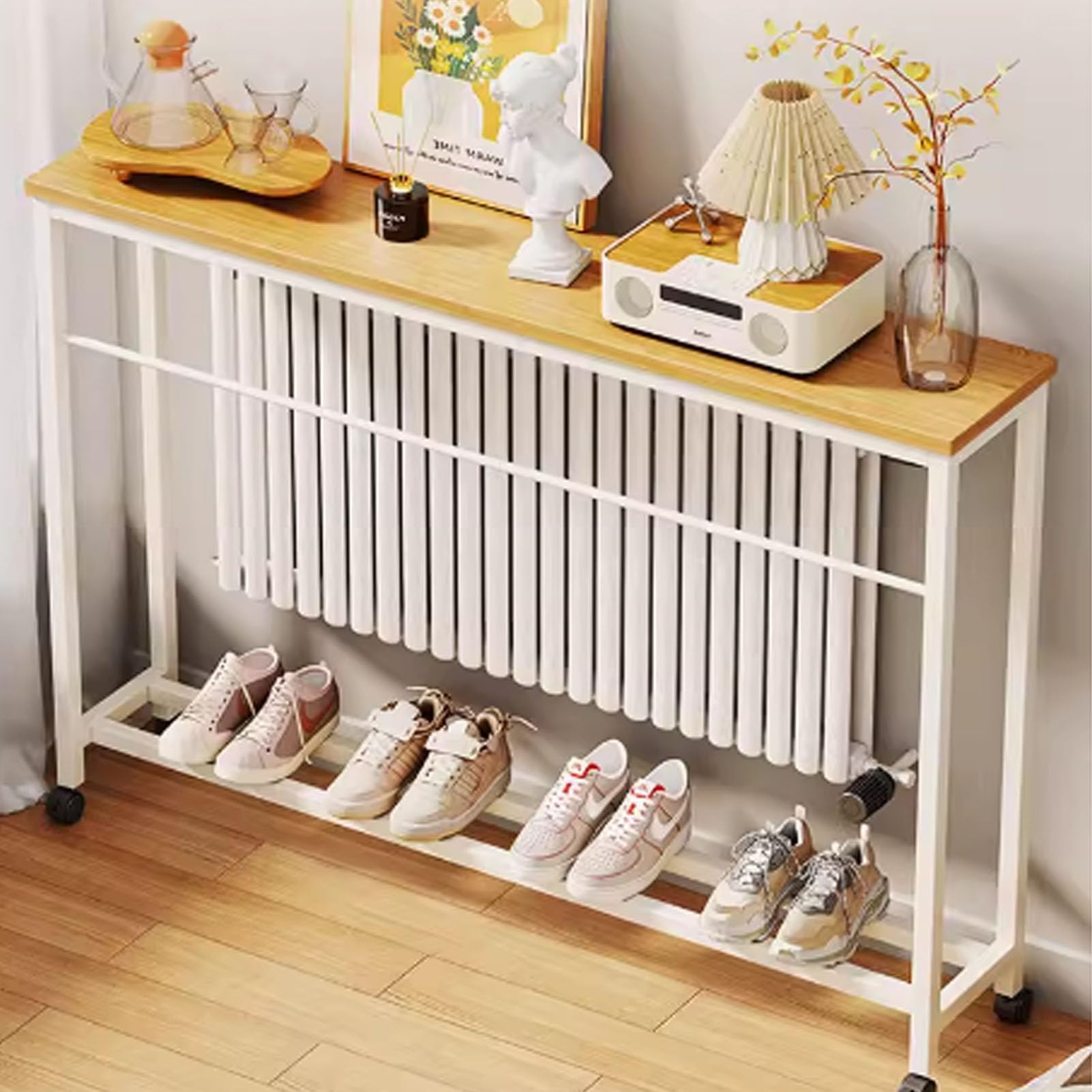 Funda estrecha para radiador con ruedas, mesa de consola versátil para sala de estar y cocina, elegante mesa de sofá sobre radiador con barra transversal reforzada