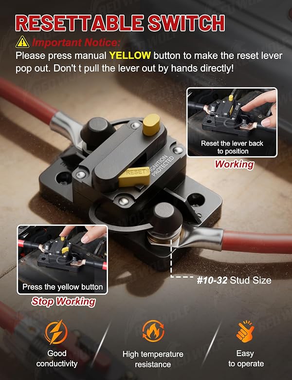 RED WOLF 30A Circuit Breaker Manual Reset, Mid Range Mini Fuse DC 12-32V, #10-32 Stud for Marine Boat Trolling Car Electronic Battery Solar System w/6 AWG-1/4 Wire Lugs Screw Kit Waterproof IP67 by RED WOLF - Image 3