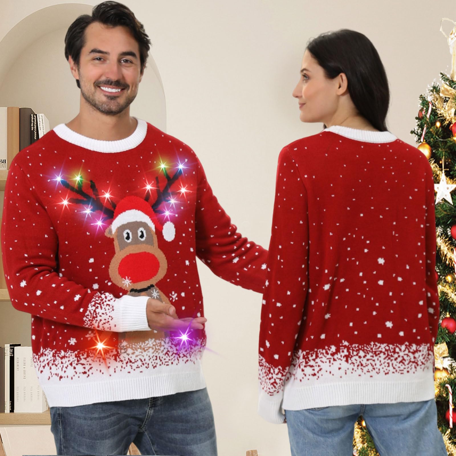 Maglione Natalizio con Luci LED, Maglioni Natalizi Famiglia Set, Brutti Maglione Natalizio Uomo Donna Ugly Christmas Sweater, One Piece Manica Lunga Maglia Natale Maglione di Natale per Coppia