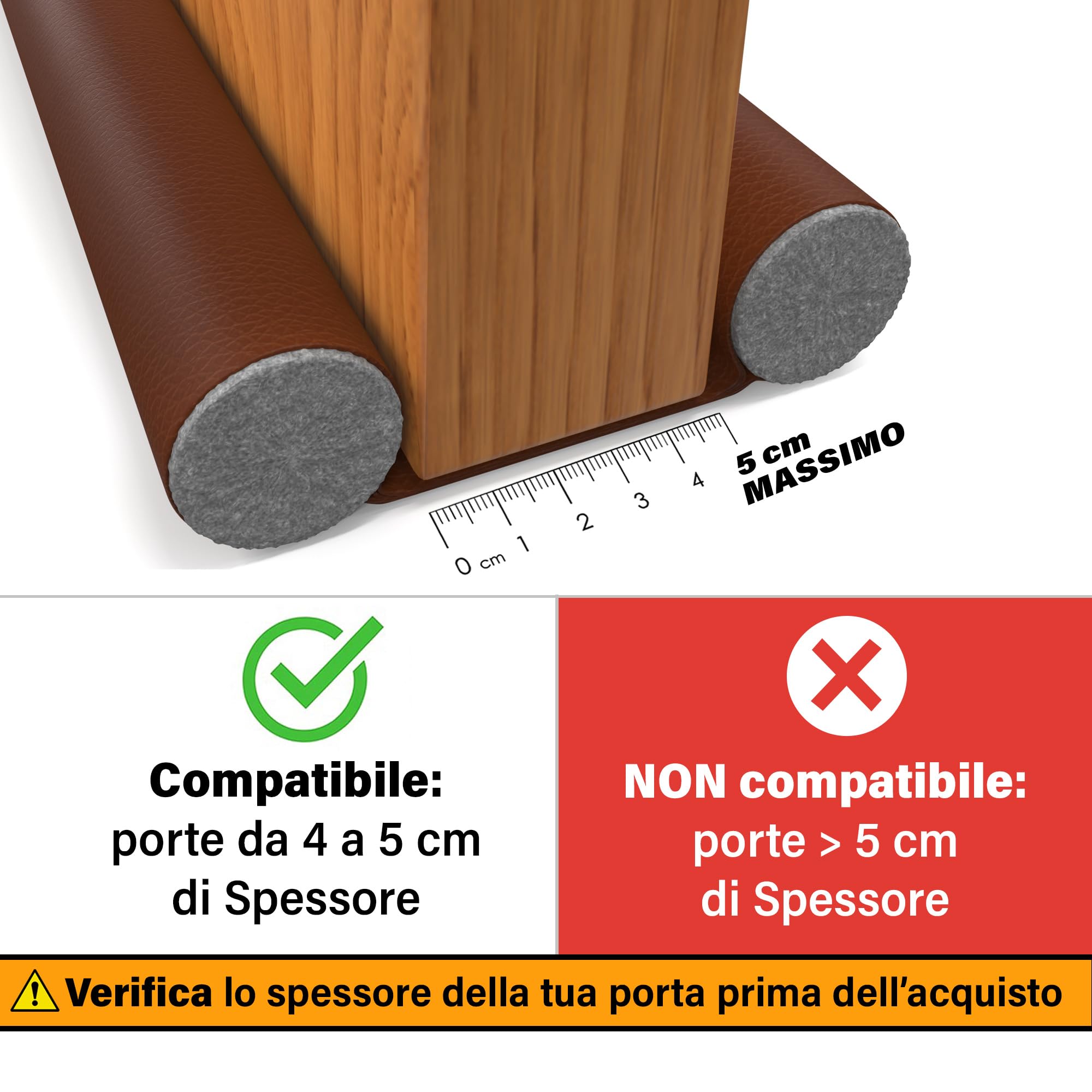 Paraspifferi Sottoporta - Compatibile SOLO con Porte Fino a 5 cm di Spessore (Interne e d’Ingresso) – Isolante Termico, Guarnizione Porta, Antispifferi e Para Spifferi – Marrone, 93 cm