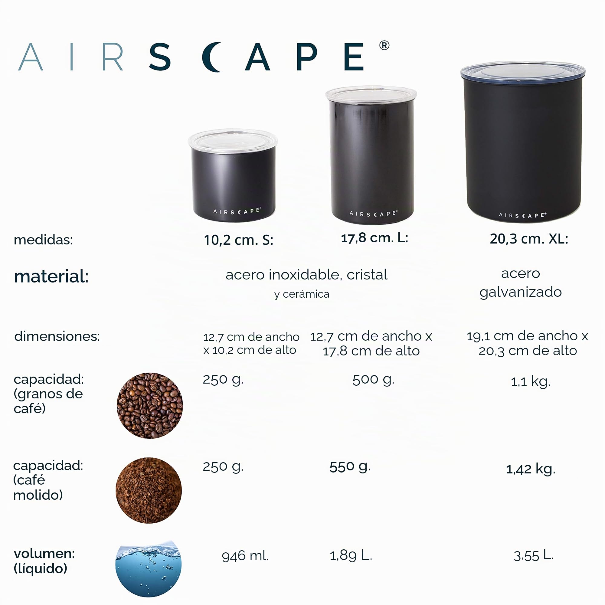Airscape - Bote de café de acero inoxidable | Contenedor de almacenamiento de alimentos | Tapa hermética patentada | Presione el exceso de aire | Mediano 500 g | Cobre Cepillado