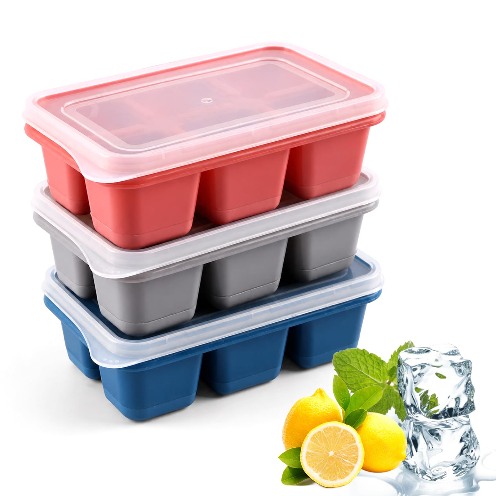 Ice Cube Tray, Silicone Ice Cube Molds with Lids, Easy-Release Silicone Large Ice Moulds for Chilled Drinks Whiskey Cocktails & Wine