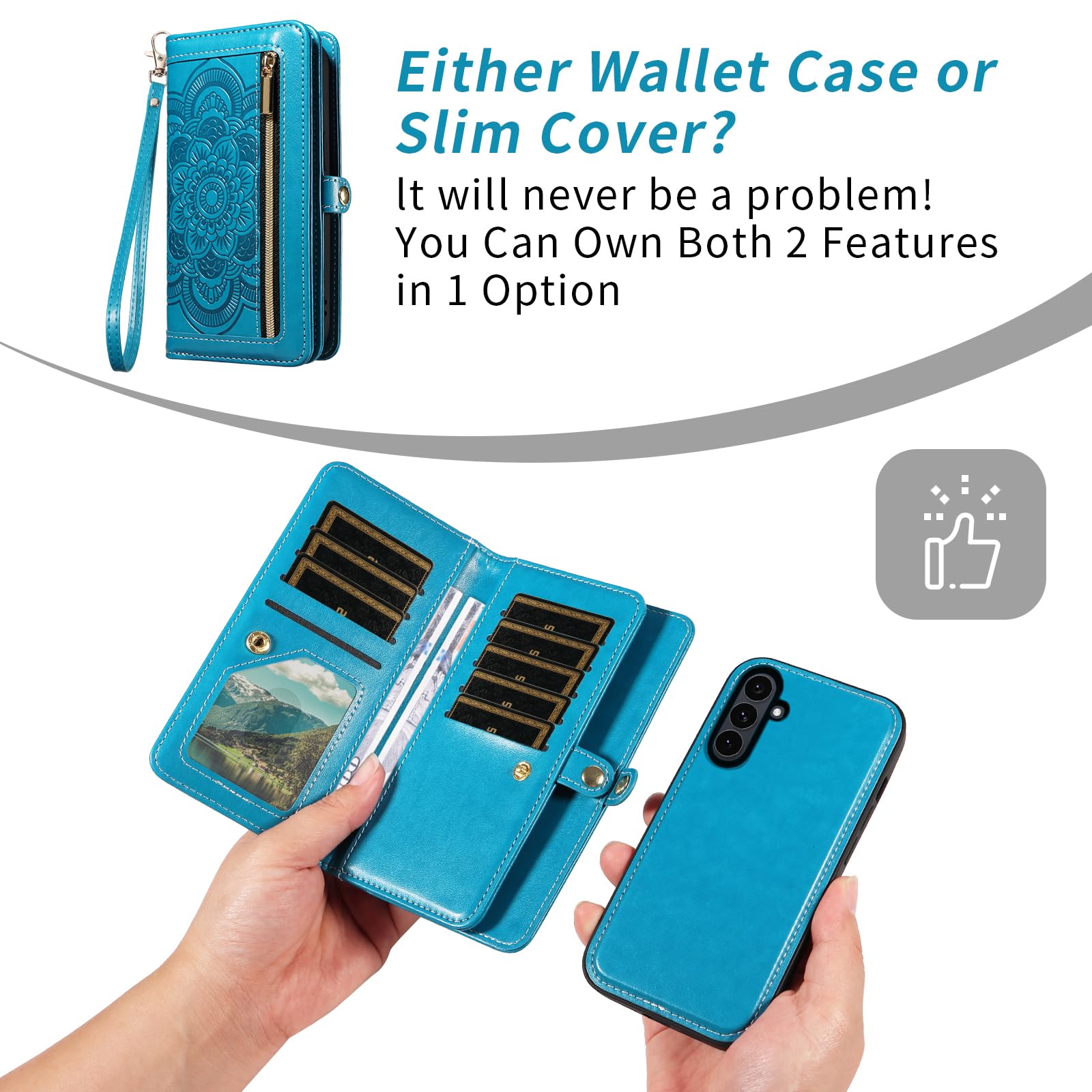 Asuwish Funda de teléfono para Samsung Galaxy S25 FE 5G con cremallera, funda desmontable para celular con protector de pantalla de vidrio templado, correa cruzada para la muñeca, tarjetero de flores