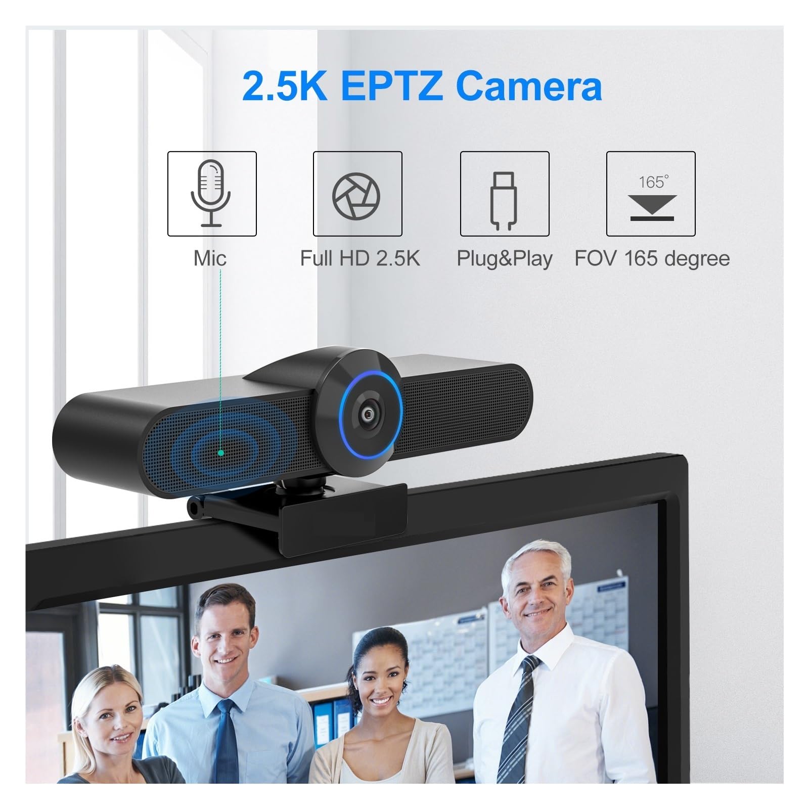 Webcam USB da 2,5 K con videocamera for conferenze con Zoom Digitale 4X 165 Gradi FOV 3 preimpostazioni for PC, TV e riunioni di Formazione