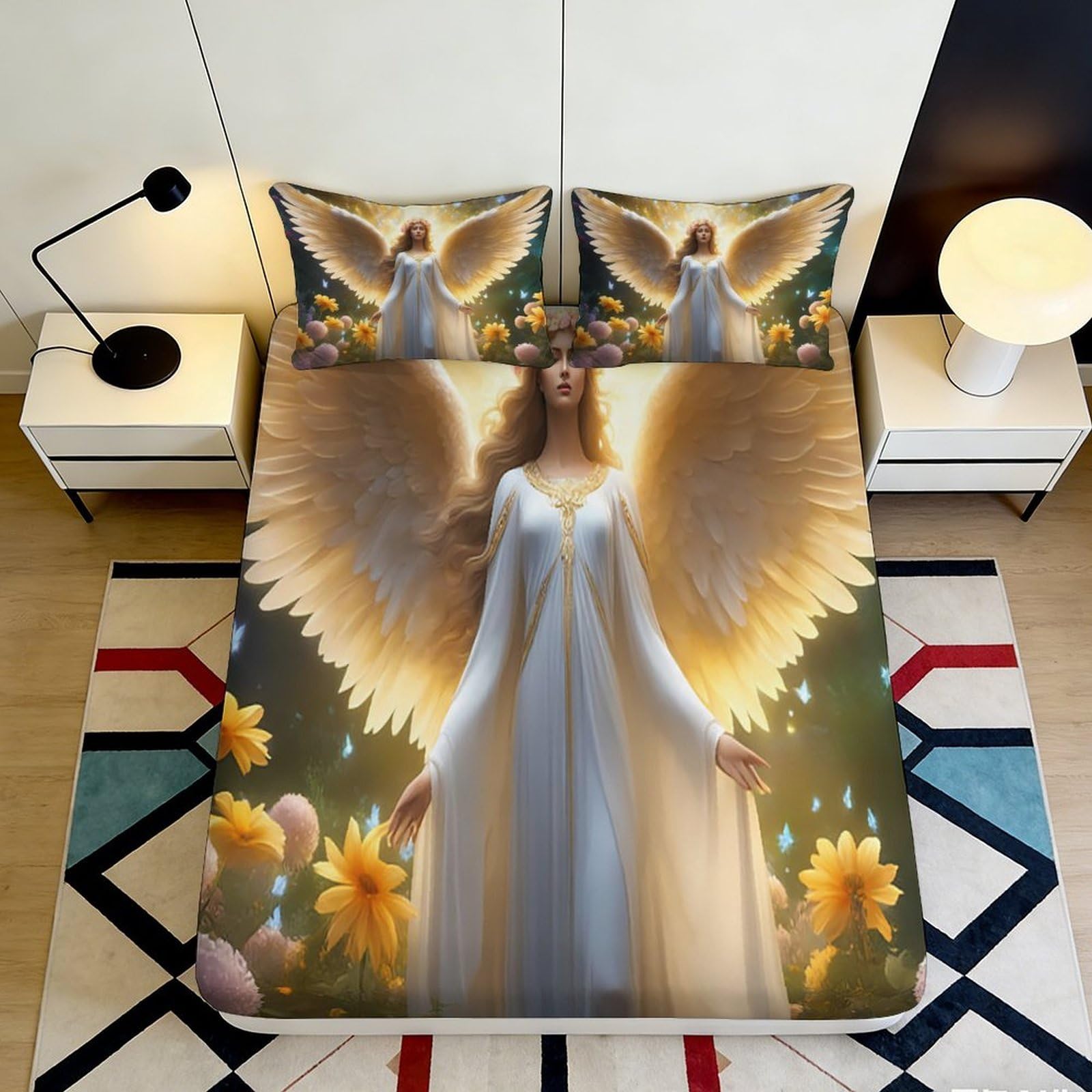3D Printed Angel Wings Fitted Sheet Microfiber Golden Floral Mattress Cover for Bedroom Dorm Protection Decor 120x200x25cm