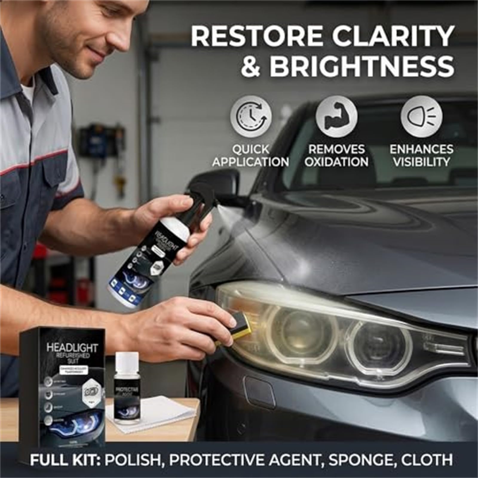 Kit ripristino fari auto, kit liquido ripristino fari automobilistici, rimuove l'ingiallimento, migliora la chiarezza e la visibilità, correzione rapida e sicura, effetto di lunga durata (1set)