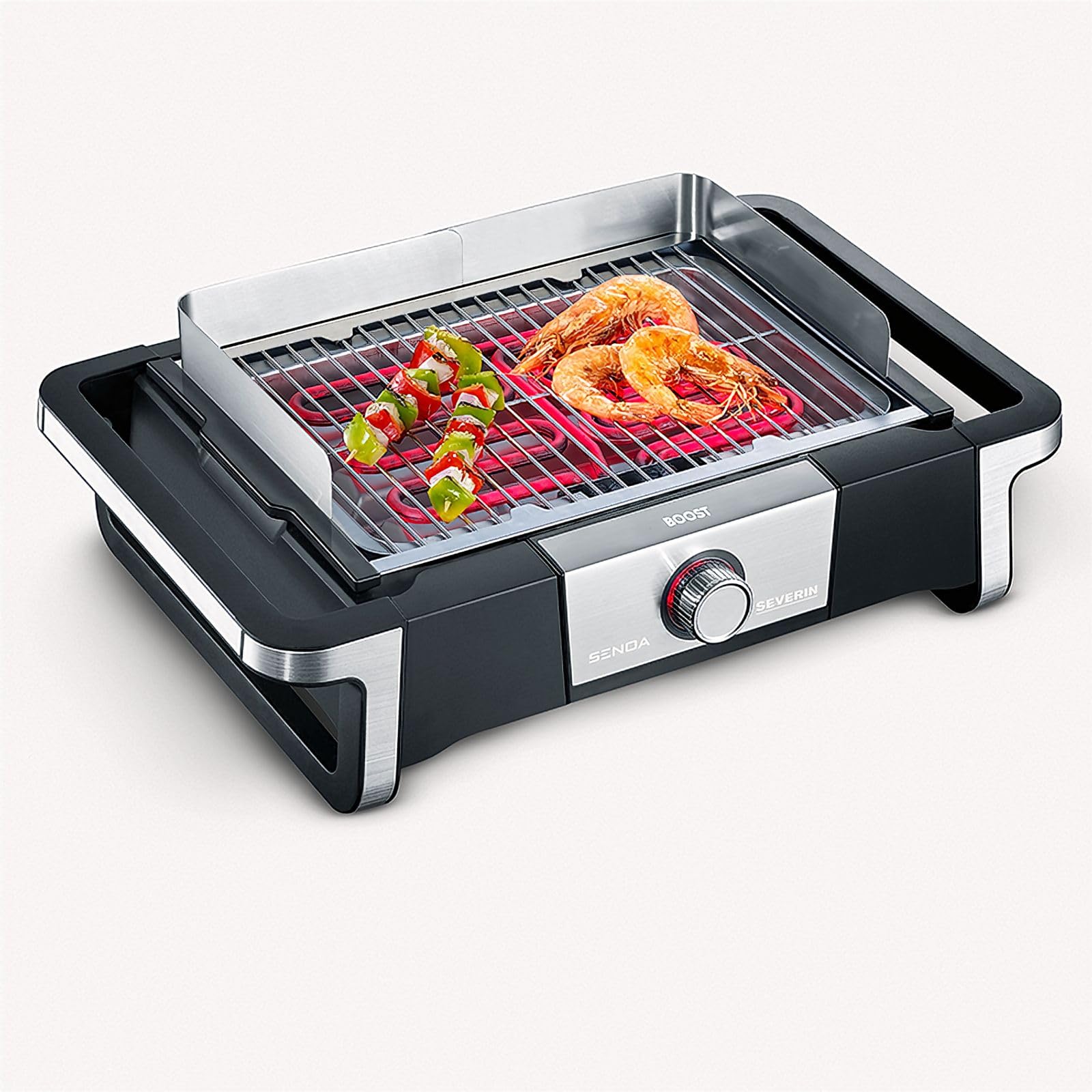 SEVERIN Barbecue électrique SENOA DigitalBOOST S, Gril électrique 3 000 W, Barbecue électrique sur pieds avec démarrage rapide jusqu’à 500°C, Affichage OLED, Sonde thermique, Inox/Noir, PG 8118