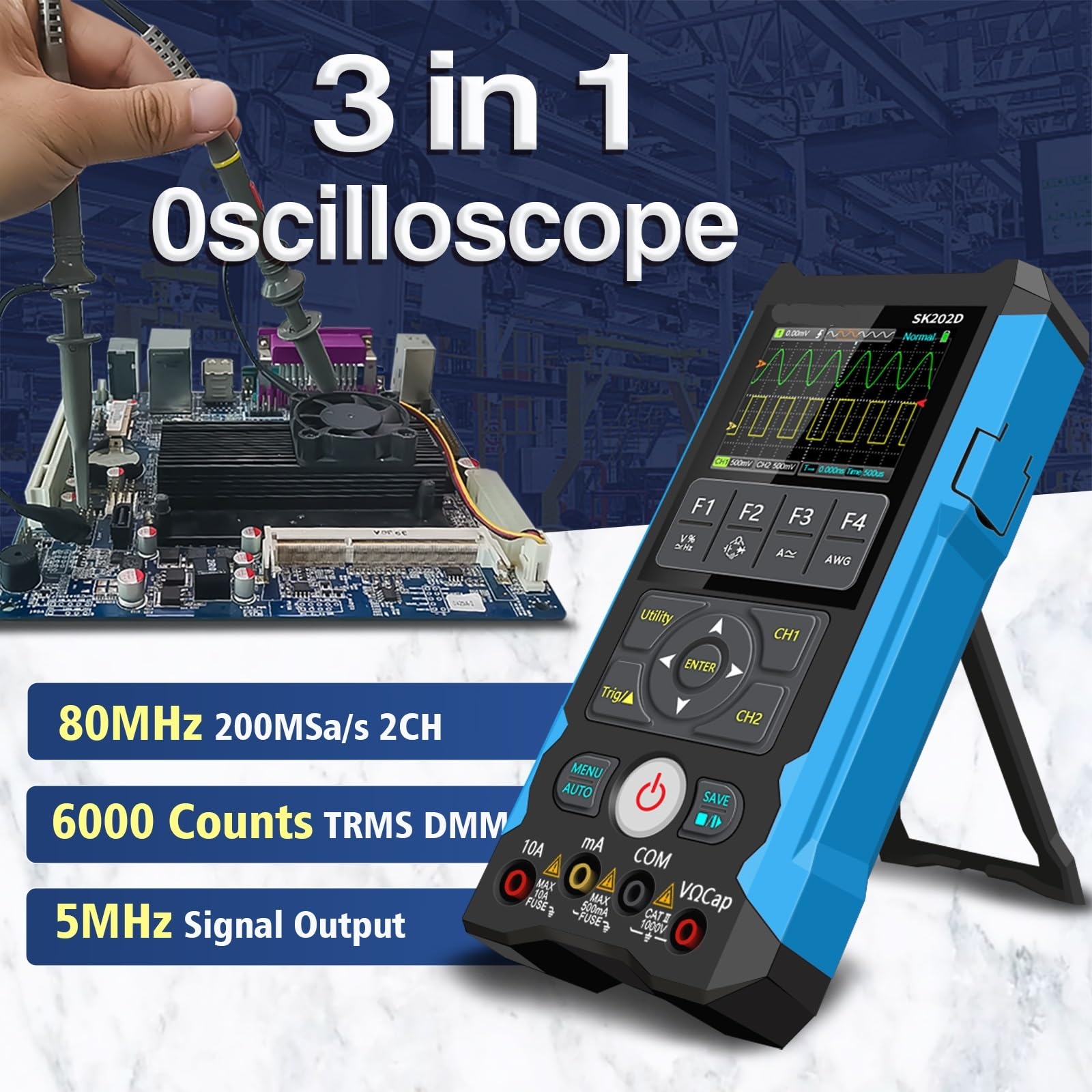 Osciloscopio digital, Osciloscopio portátil de 2 canales SK202D, multímetro y alcance 3 en 1 80 MHz 250 MSa/s