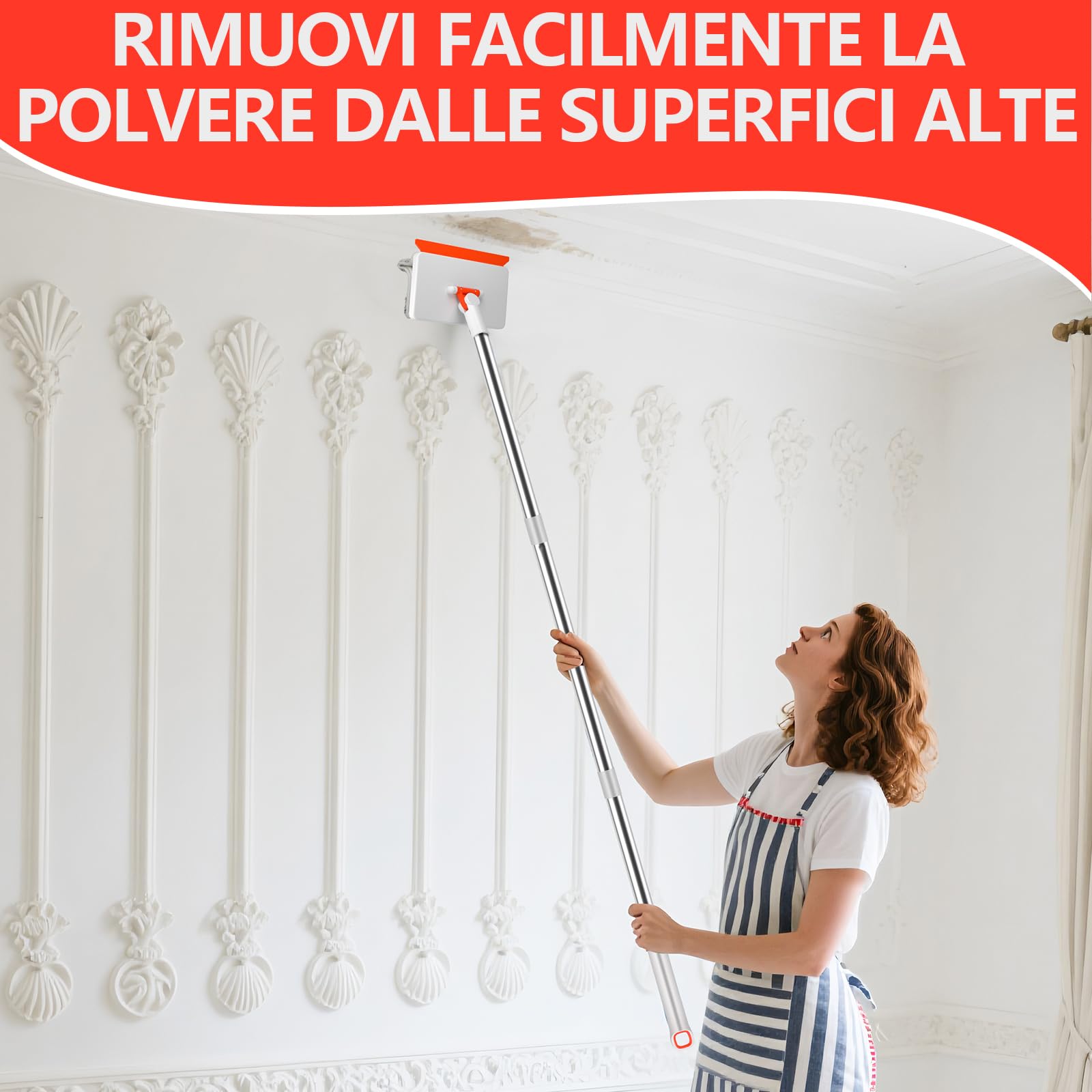 Mocio Pulisci Pavimenti per Battiscopa Legno e Piastrelle con Manico Lungo 147 cm - Per Battiscopa, Soffitti, Piastrelle e Finestre